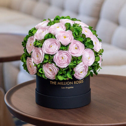 Cutie Neagră Classic | Ranunculi persani roz deschis și hortensii verzi