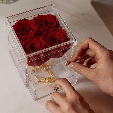 Boîte Acrylique Tiroir | 4 Roses Rouges 
