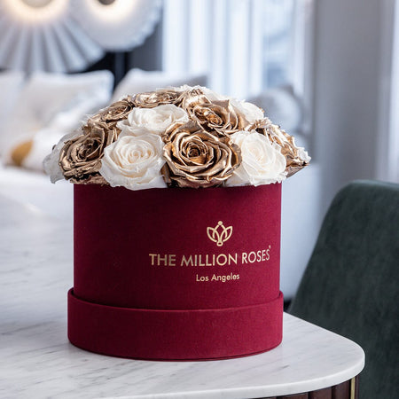 Classic Bordeaux Suede Dome Box | White & Gold Roses