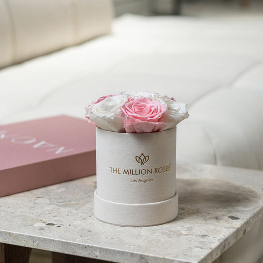 Cutie de piele întoarsă bej Basic | Trandafiri roz deschis și albi