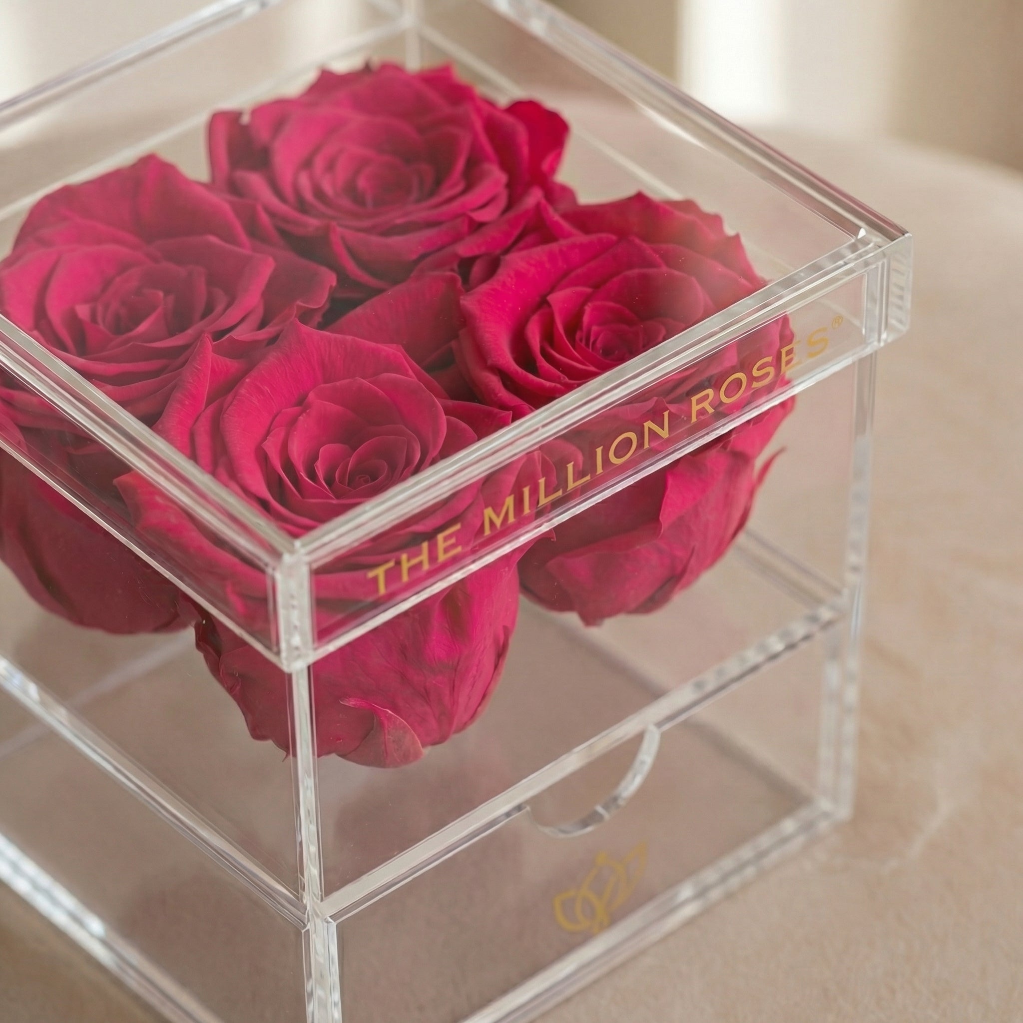 Caja de acrílico de 4 cajones | Rosas rosadas fuertes