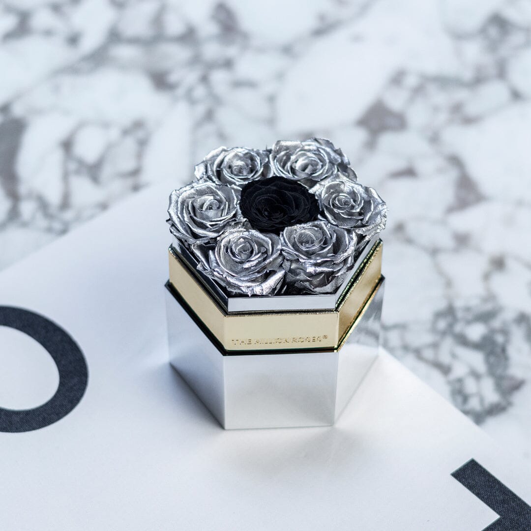 One in a Million™ Mirror Silver Hexagon Box | Silver & Black Roses