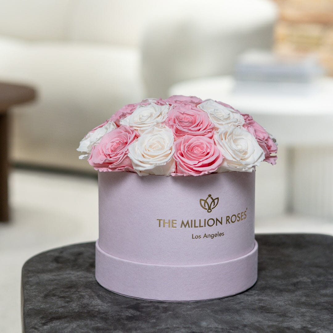Svetlo Rúžový Classic Suede Dome Box | Biele a rúžové ruže