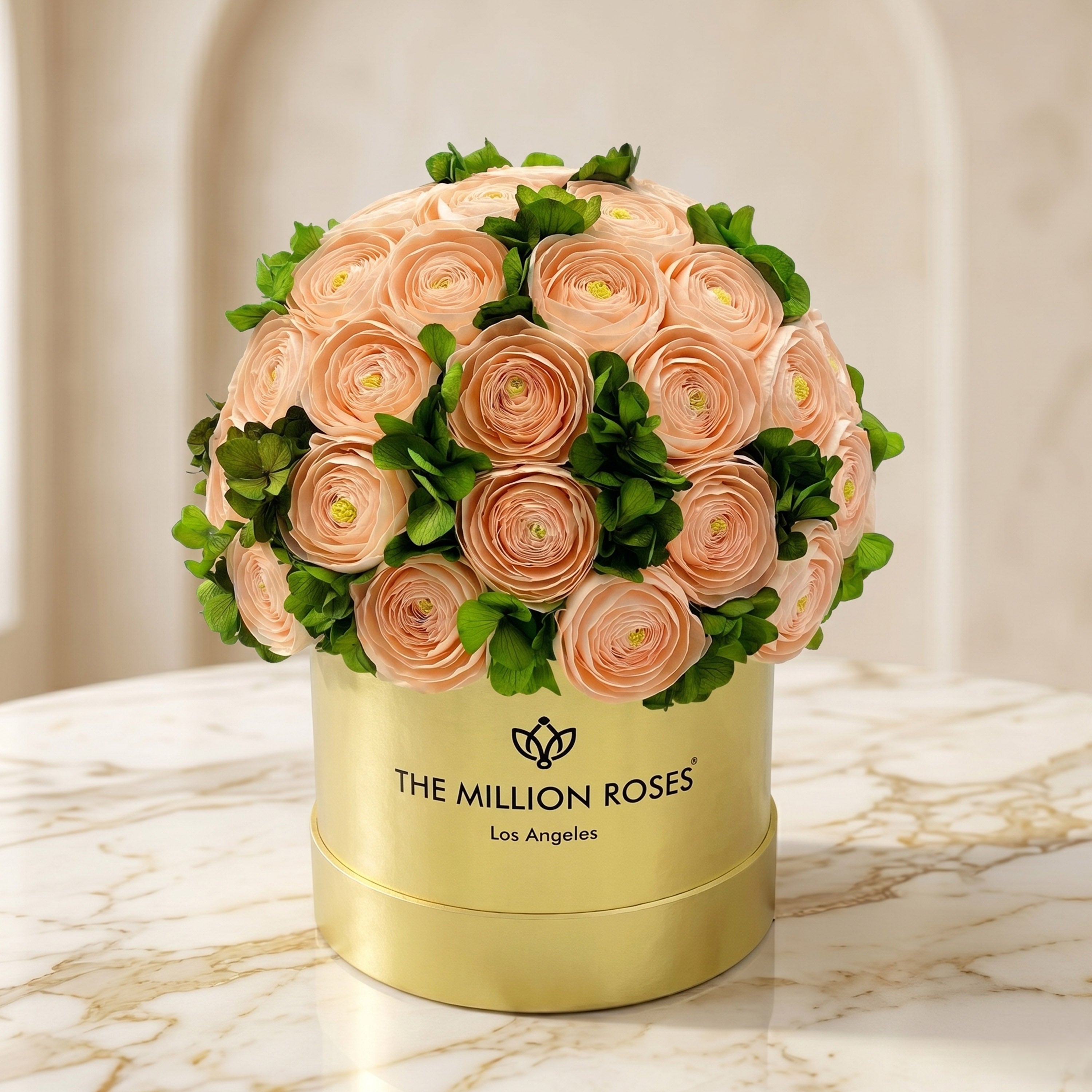 Classic Mirror Gold Box | Peach Persian Buttercups & Green Hydrangeas