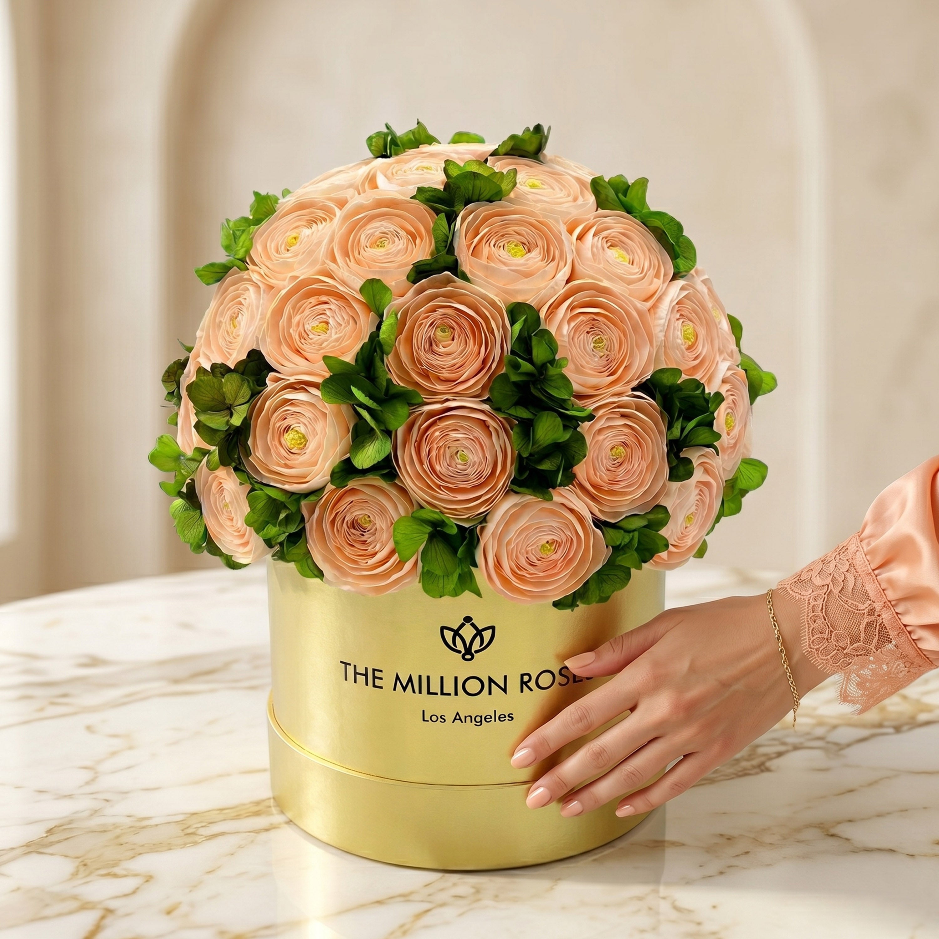 Classic Mirror Gold Box | Peach Persian Buttercups & Green Hydrangeas