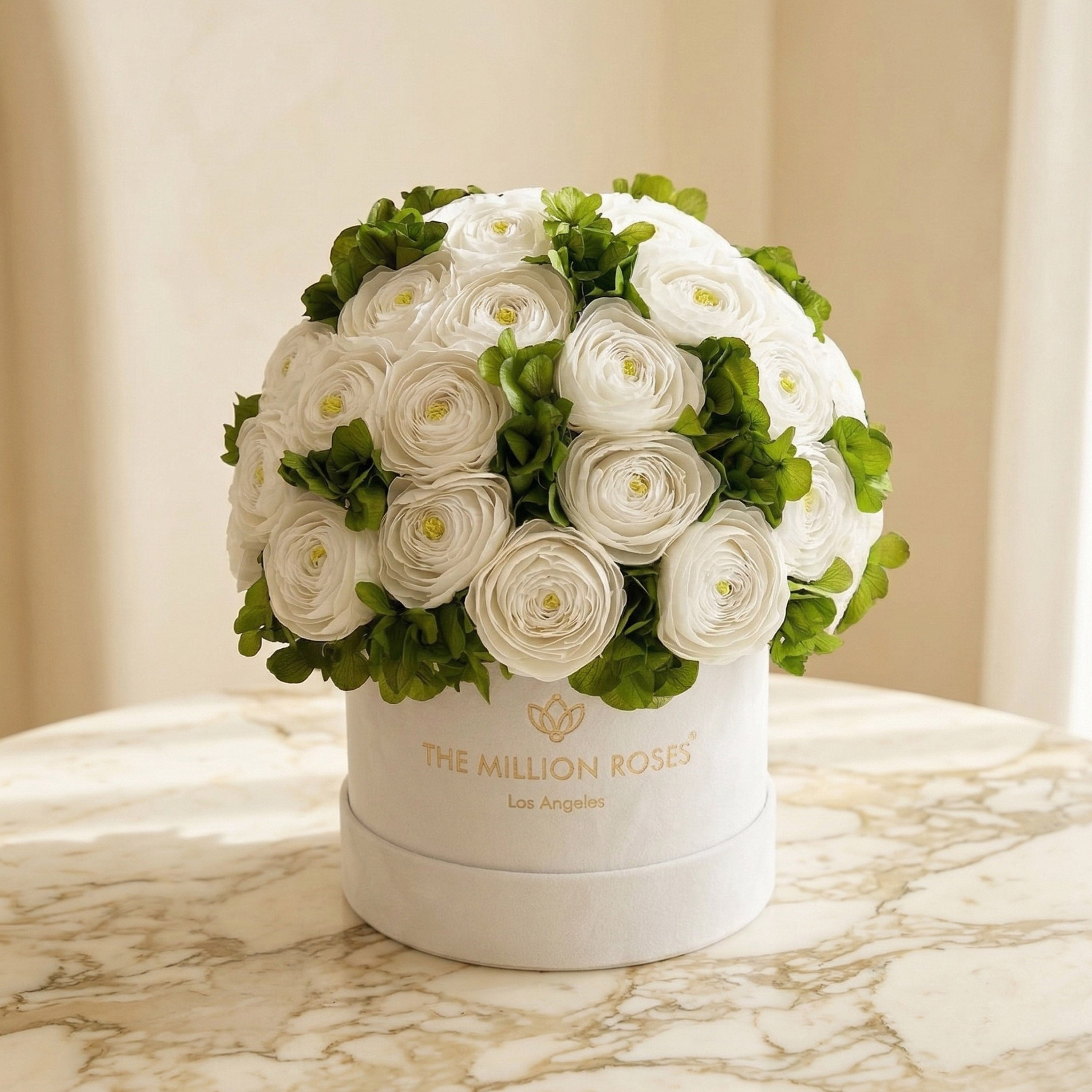 Caja blanca clásica | Ranúnculos persas blancos y hortensias verdes