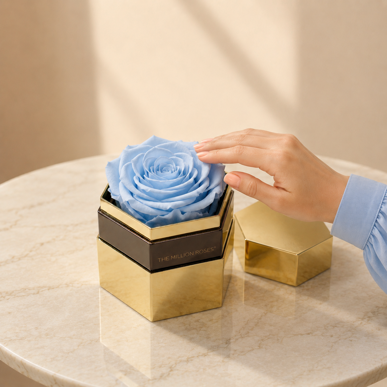 One in a Million™ Mirror Gold Hexagon Box | Light Blue Rose