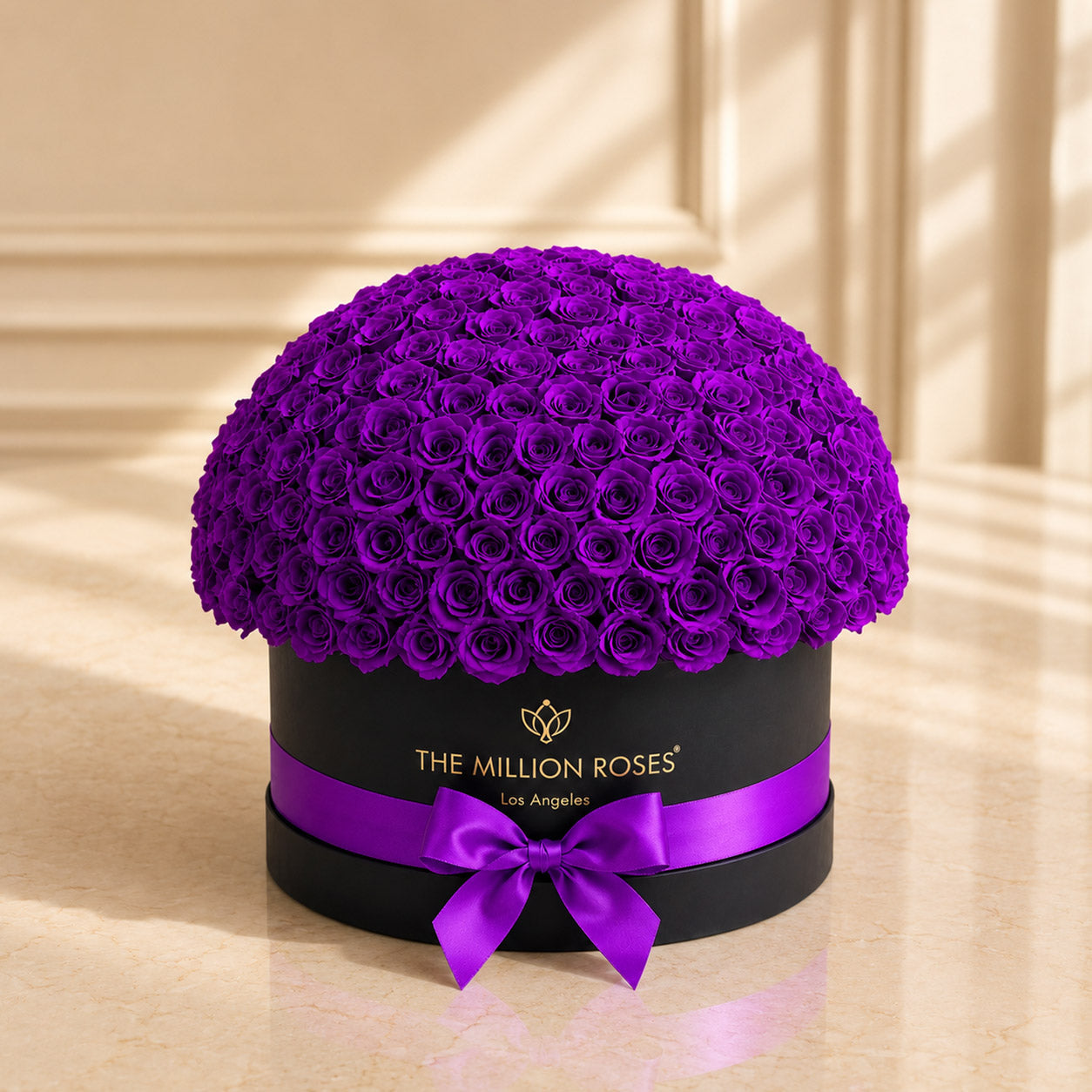 Deluxe Black Dome Box | Bright Purple Roses