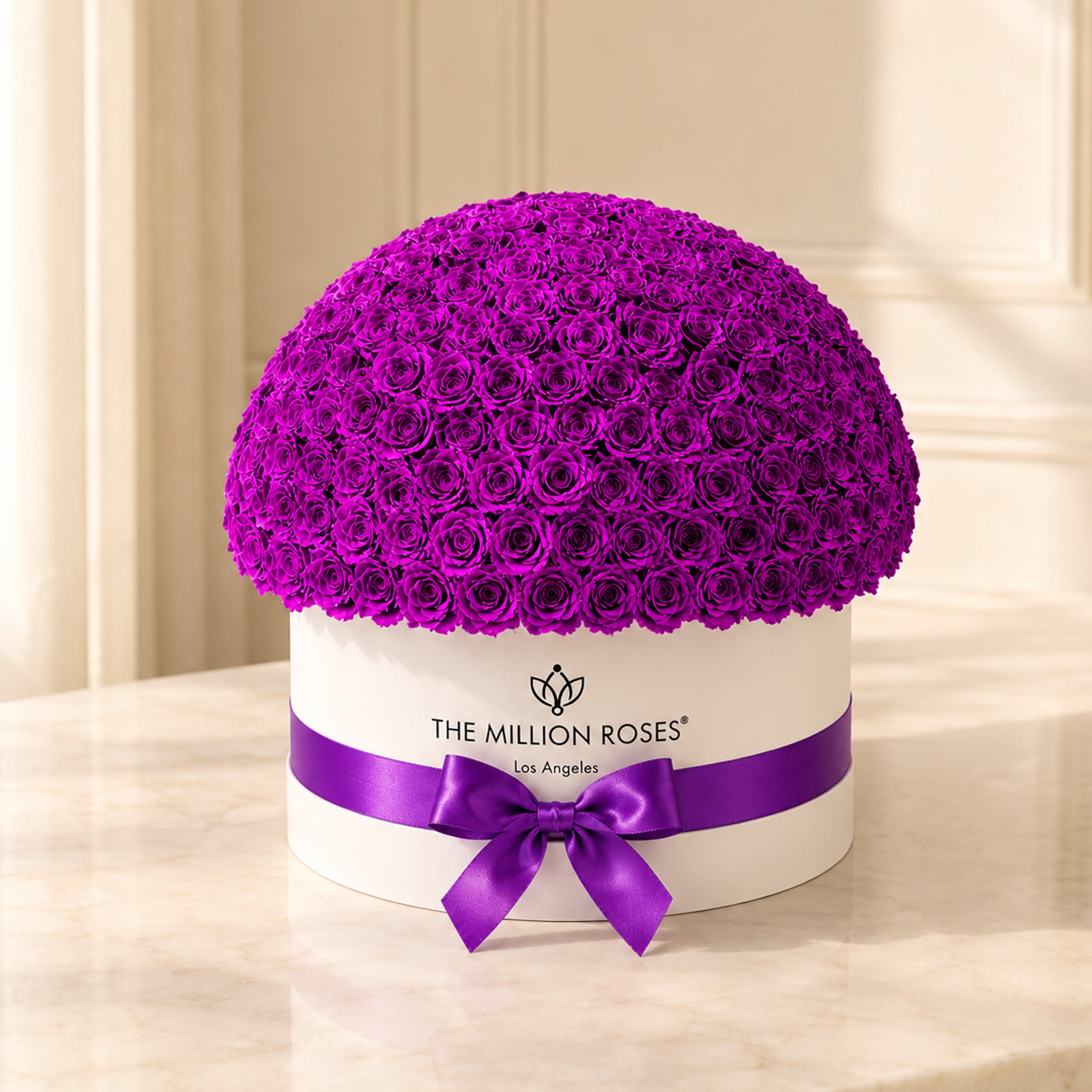 Deluxe White Dome Box | Bright Purple Roses