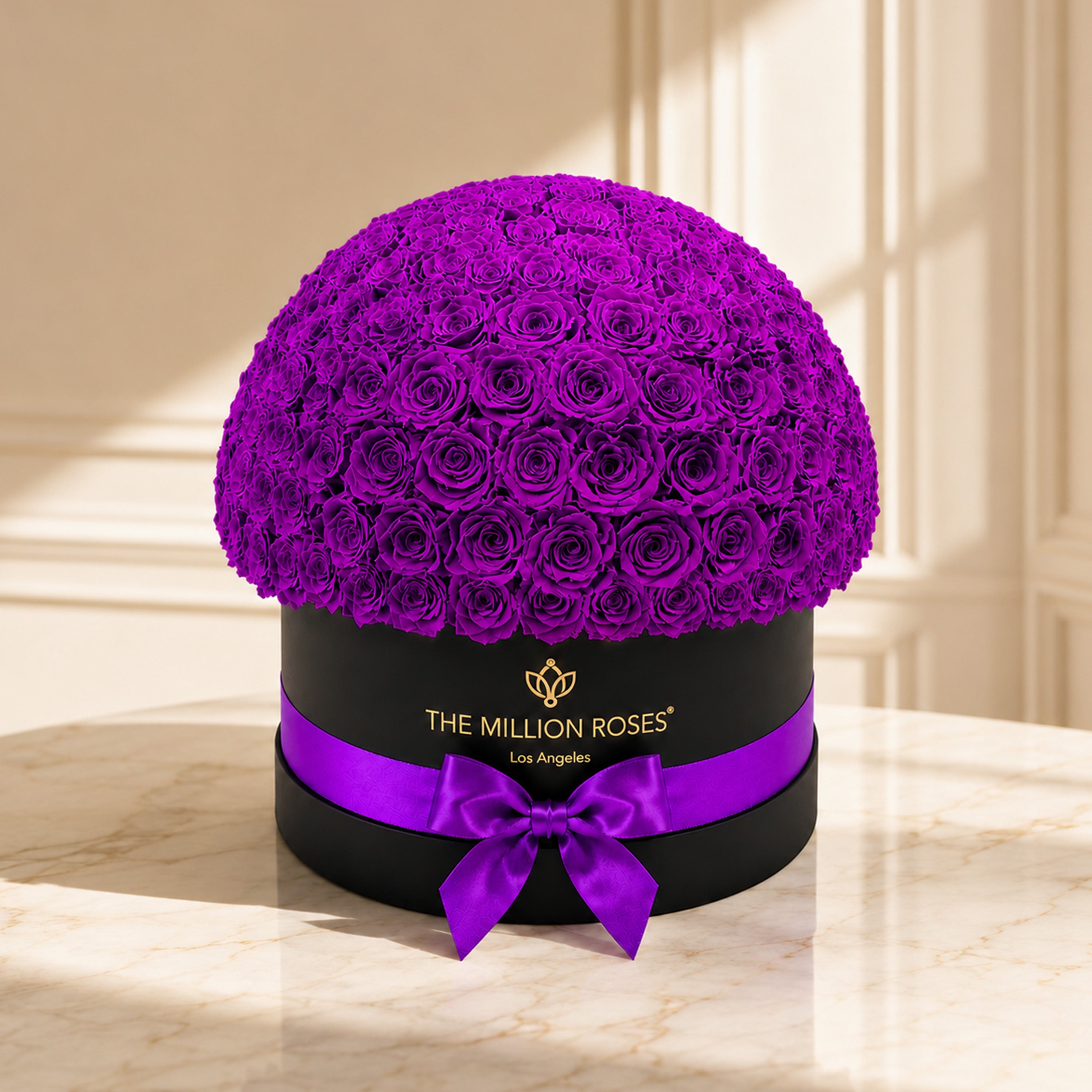 Deluxe Black Dome Box | Bright Purple Roses