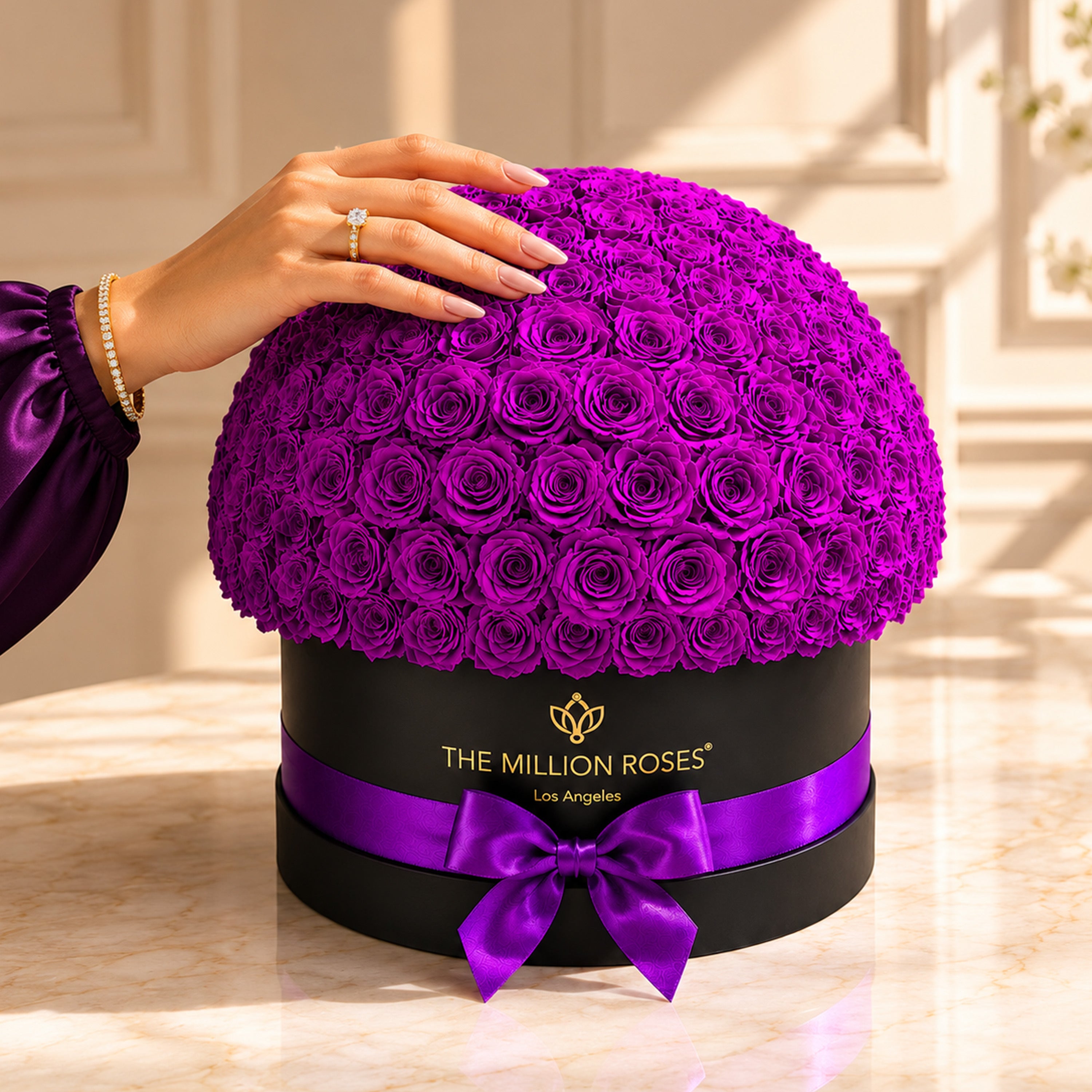 Deluxe Black Dome Box | Bright Purple Roses