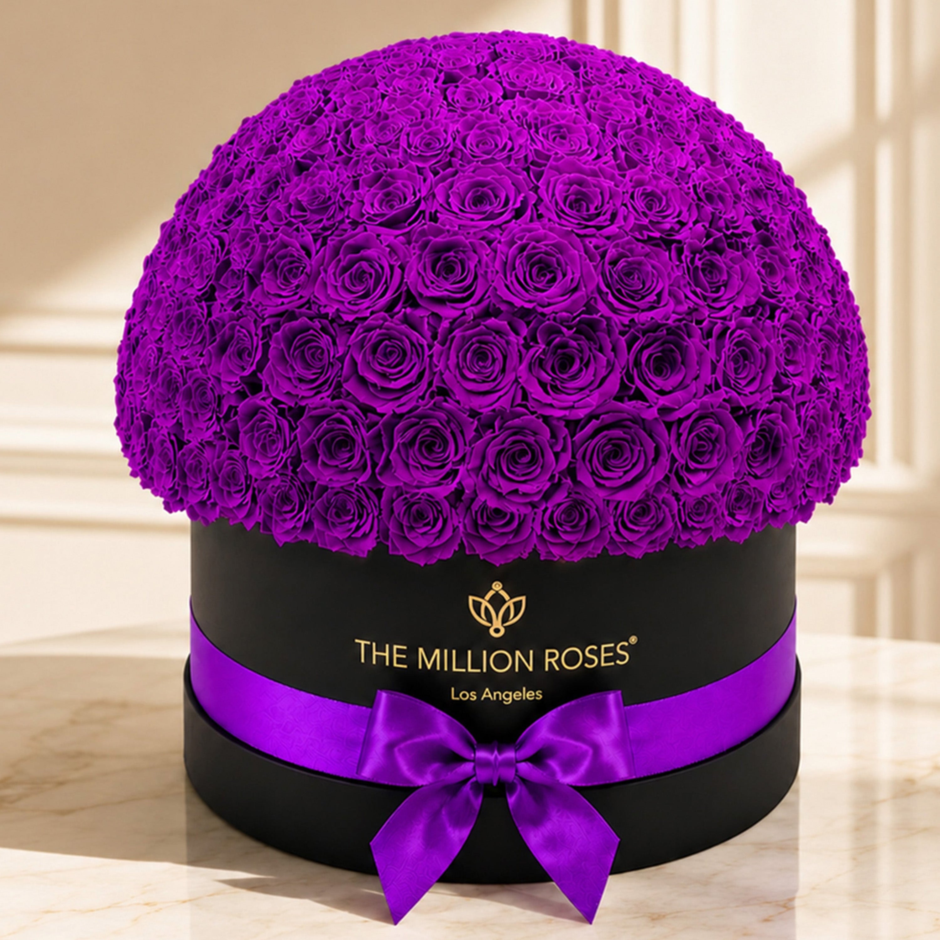 Deluxe Black Dome Box | Bright Purple Roses