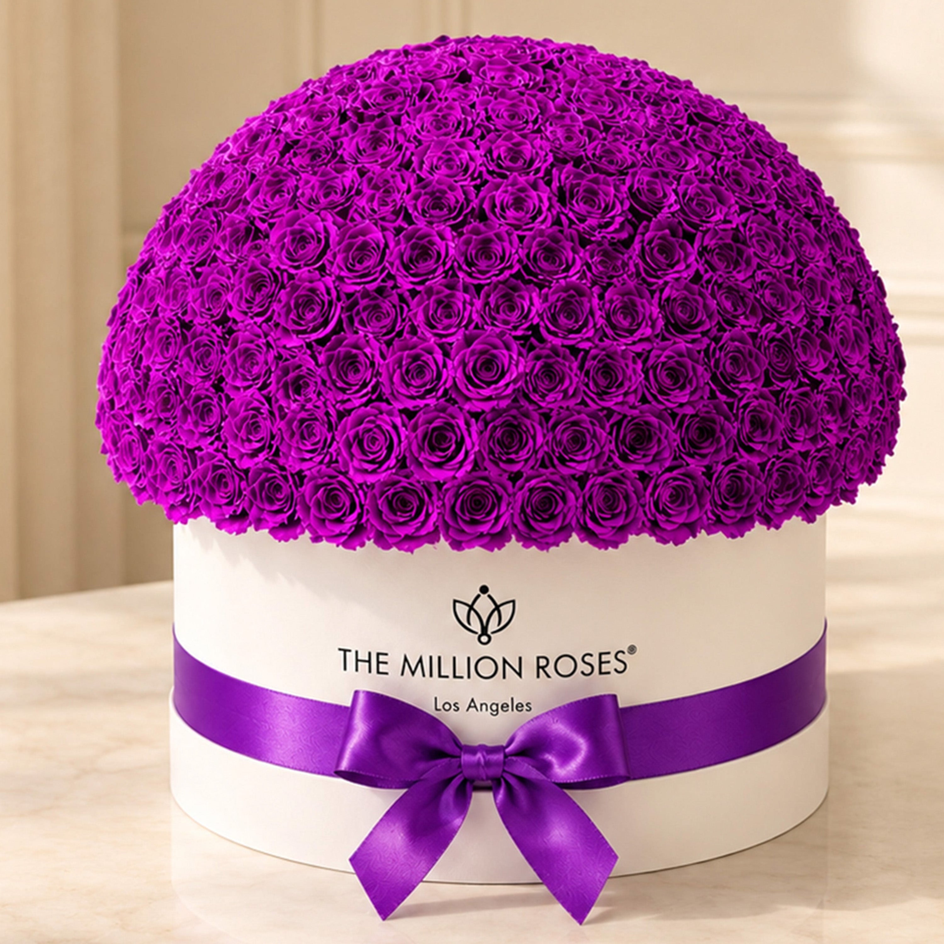 Deluxe White Dome Box | Bright Purple Roses