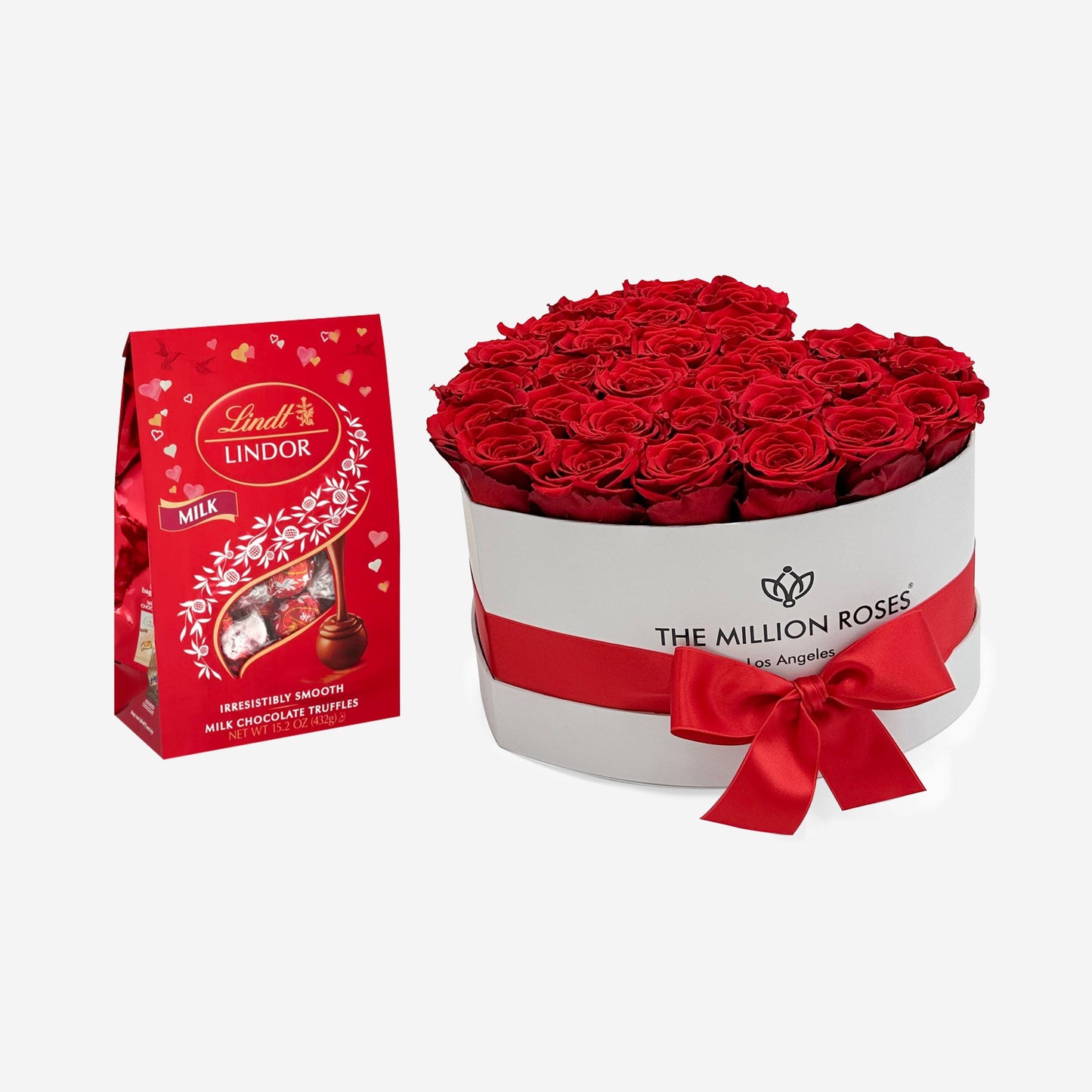 LINDOR Milk Chocolate Truffles | Heart White Box | Red Roses | Bundle