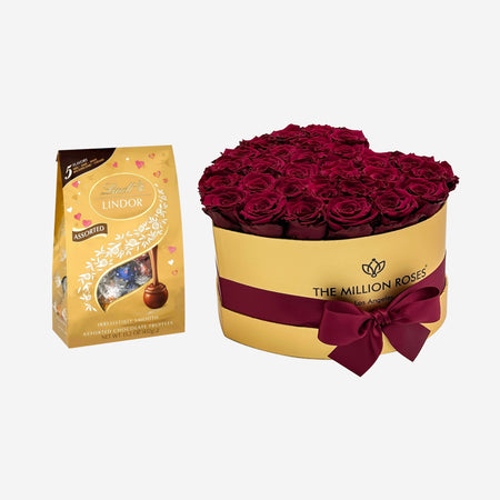 LINDOR Assorted Truffles | Matte Gold Heart Box | Burgundy Roses | Bundle
