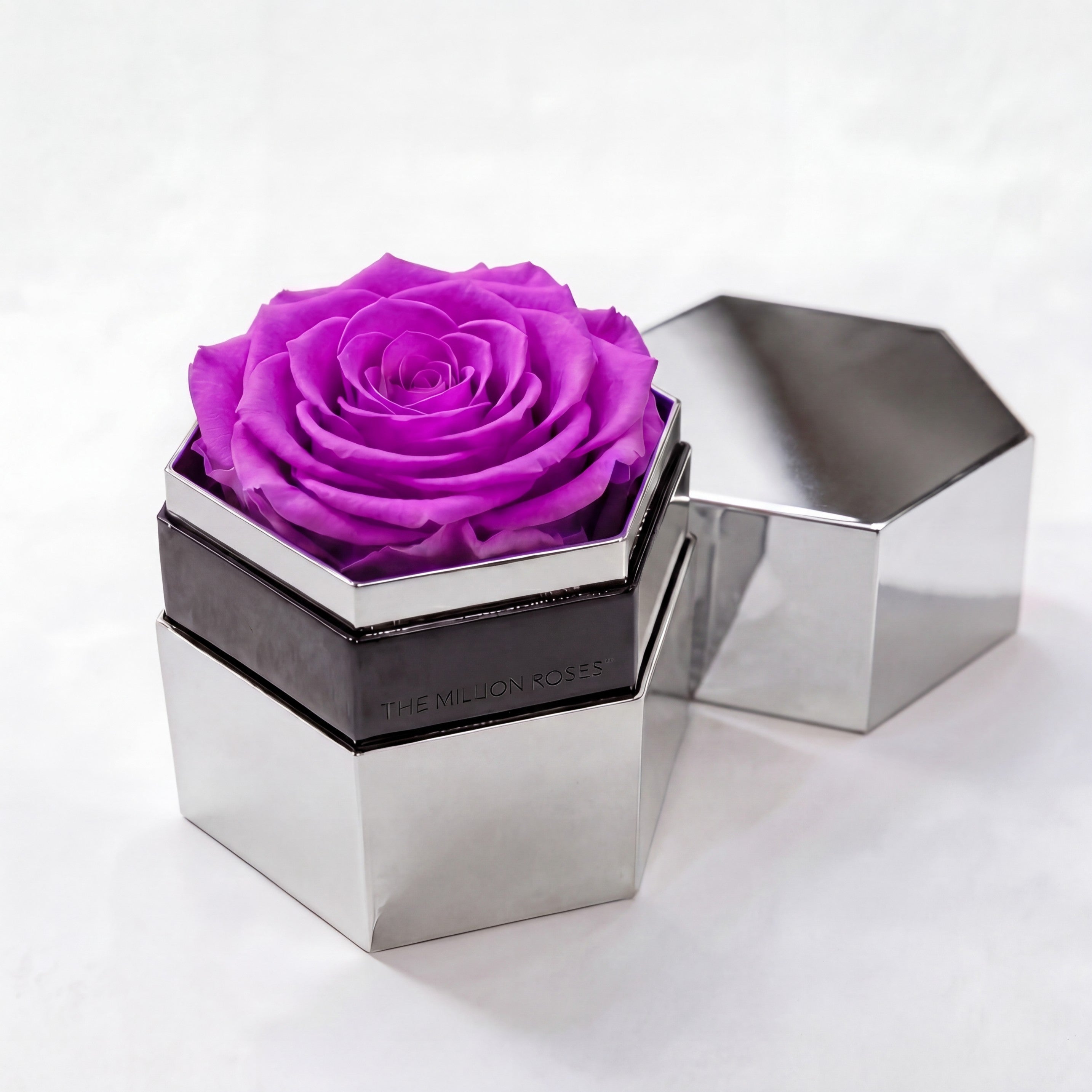 One in a Million™ Mirror Silver Hexagon Box | Bright Purple Rose