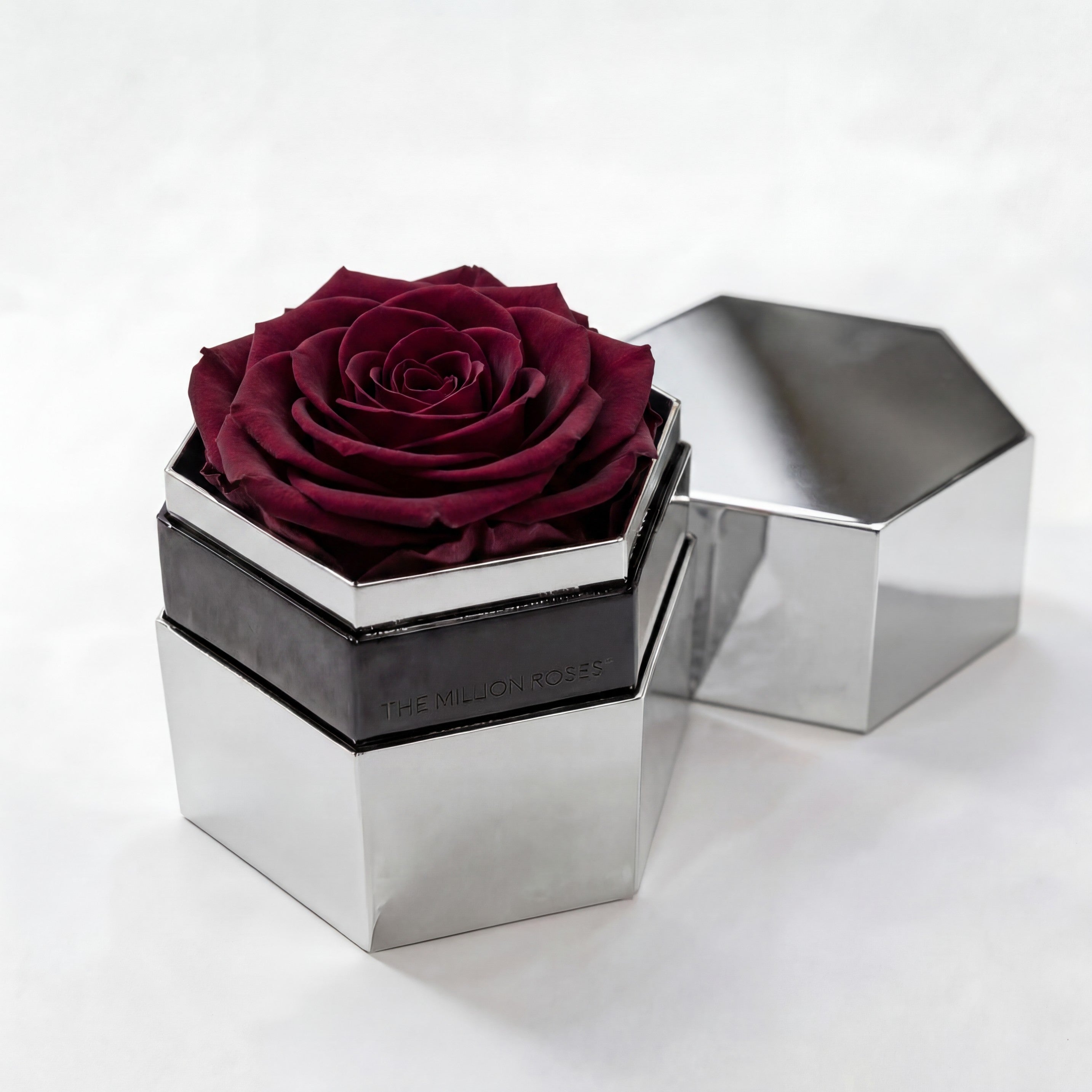 One in a Million™ Mirror Silver Hexagon Box | Burgundy Rose