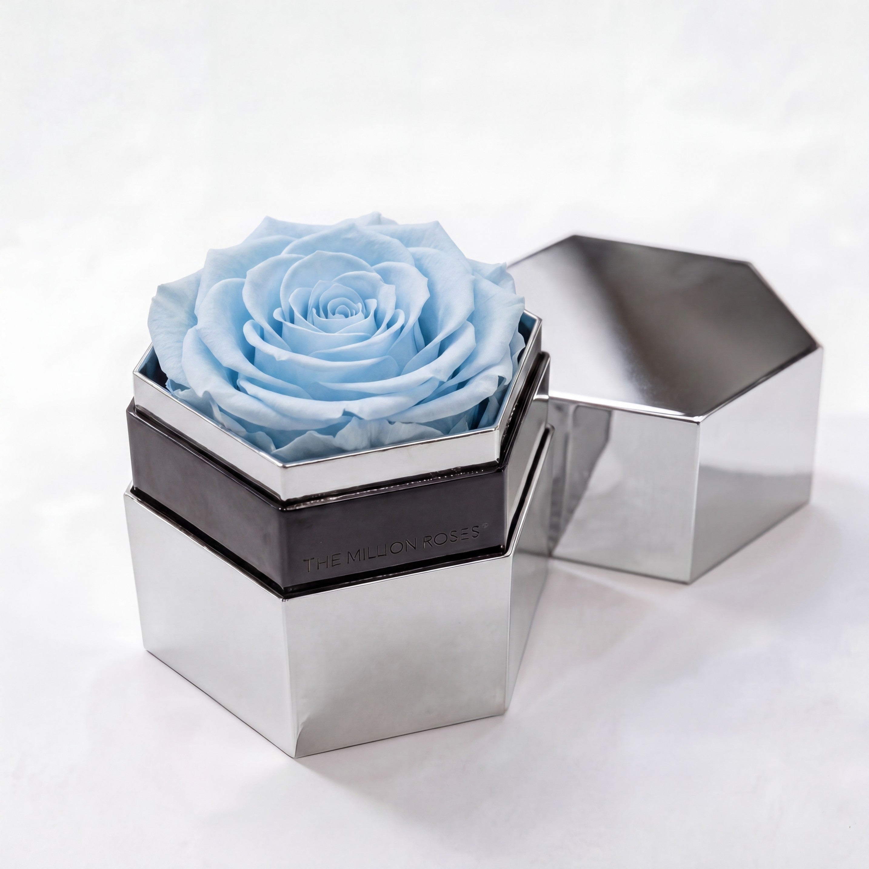 One in a Million™ Mirror Silver Hexagon Box | Light Blue Rose