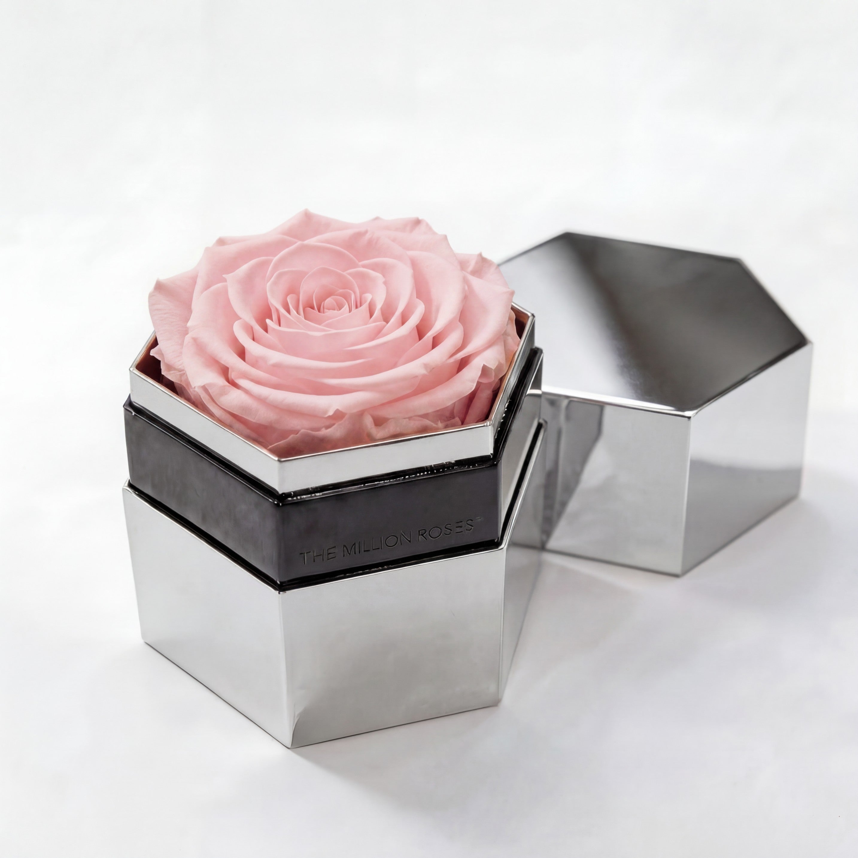 One in a Million™ Mirror Silver Hexagon Box | Light Pink Rose