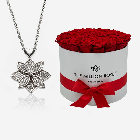 Million Silver Pendant Necklace with Diamonds | Supreme White Box | Red Roses | Bundle