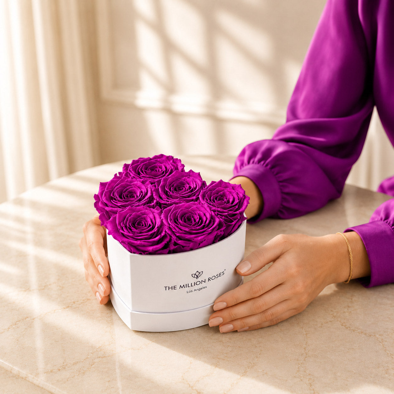 Baby Heart White Box | Bright Purple Roses