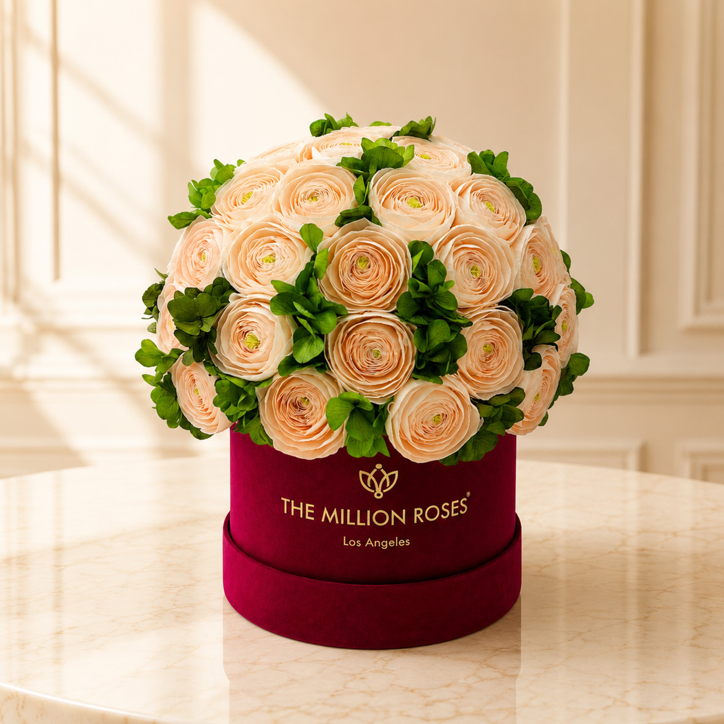 Classic Bordeaux Suede Box | Peach Persian Buttercups & Green Hydrangeas