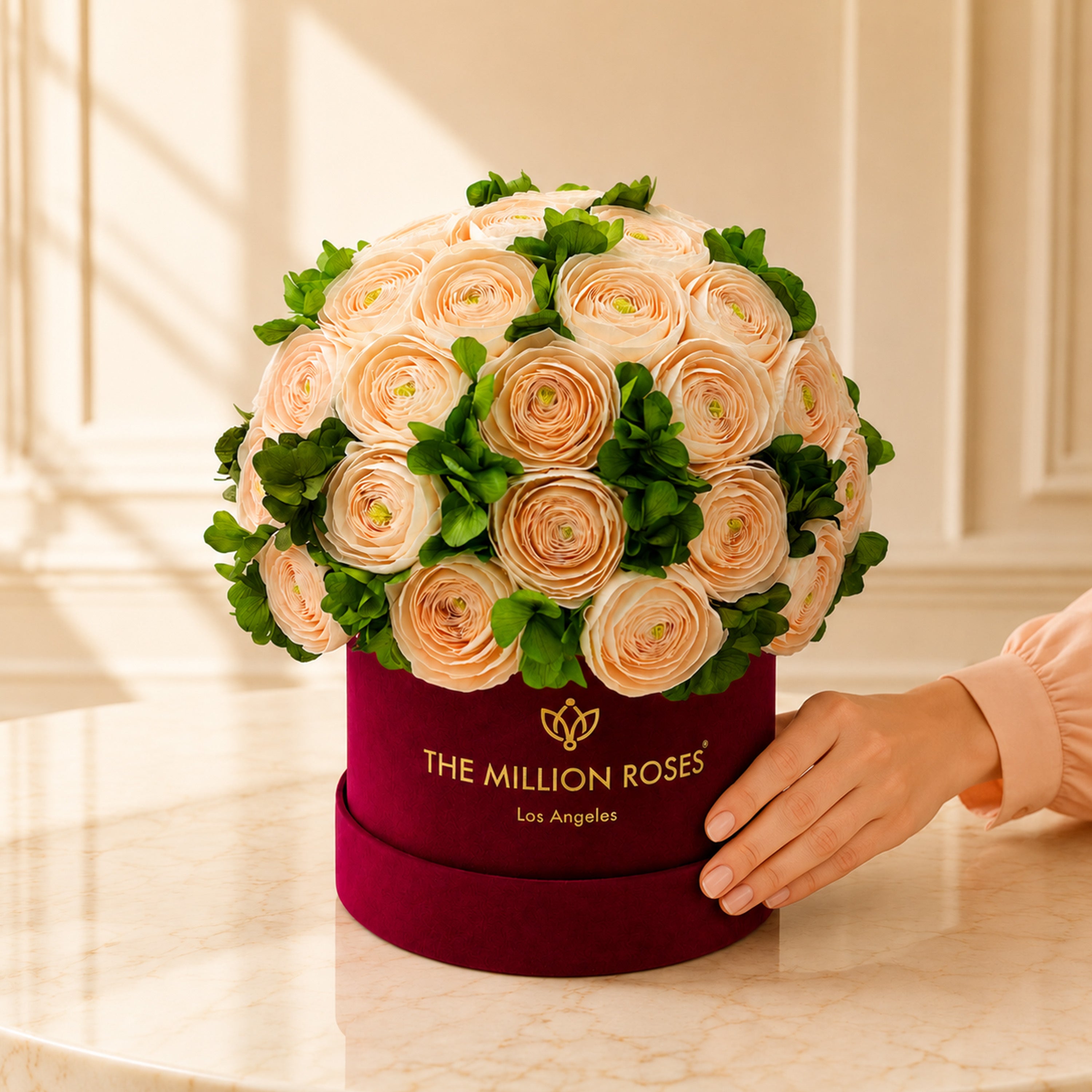 Classic Bordeaux Suede Box | Peach Persian Buttercups & Green Hydrangeas