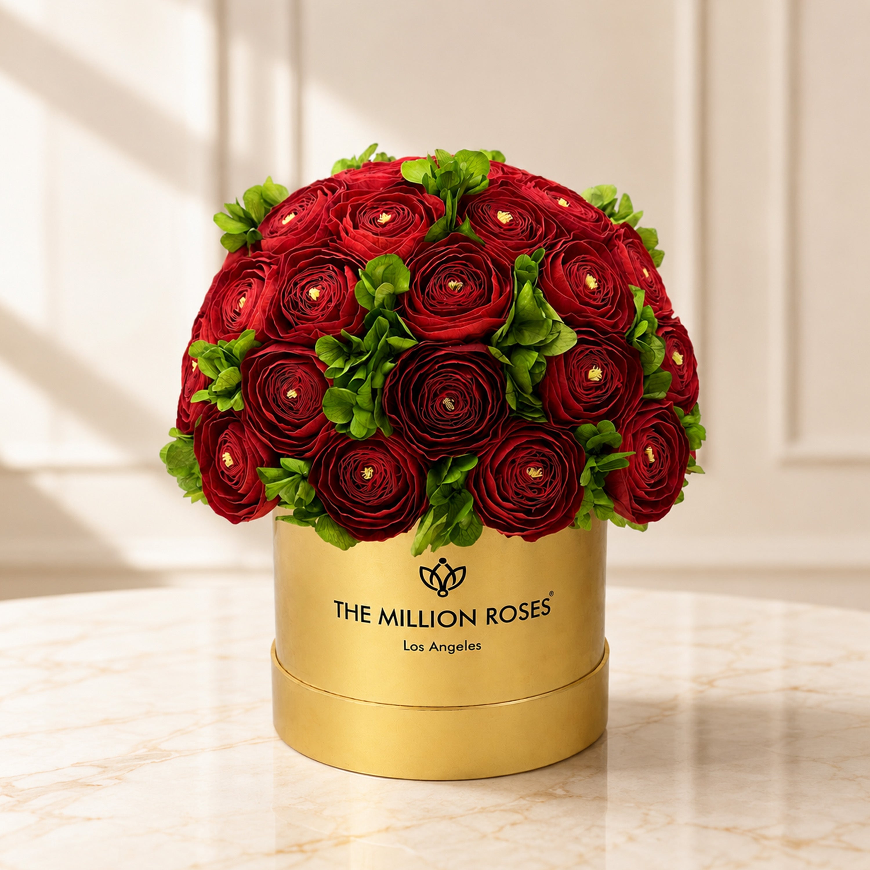 Classic Mirror Gold Box | Red Persian Buttercups & Green Hydrangeas
