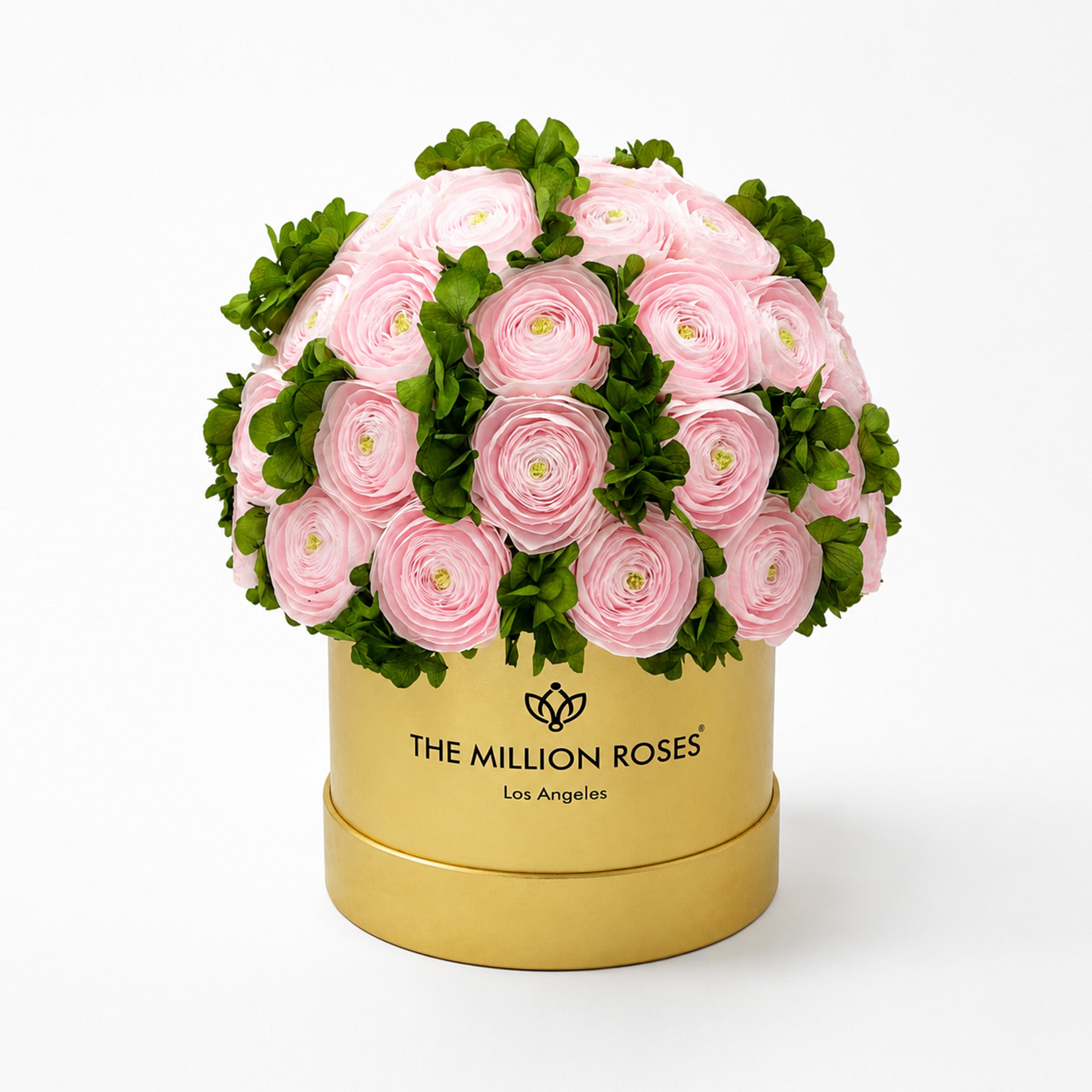 Classic Mirror Gold Box | Light Pink Persian Buttercups & Green Hydrangeas