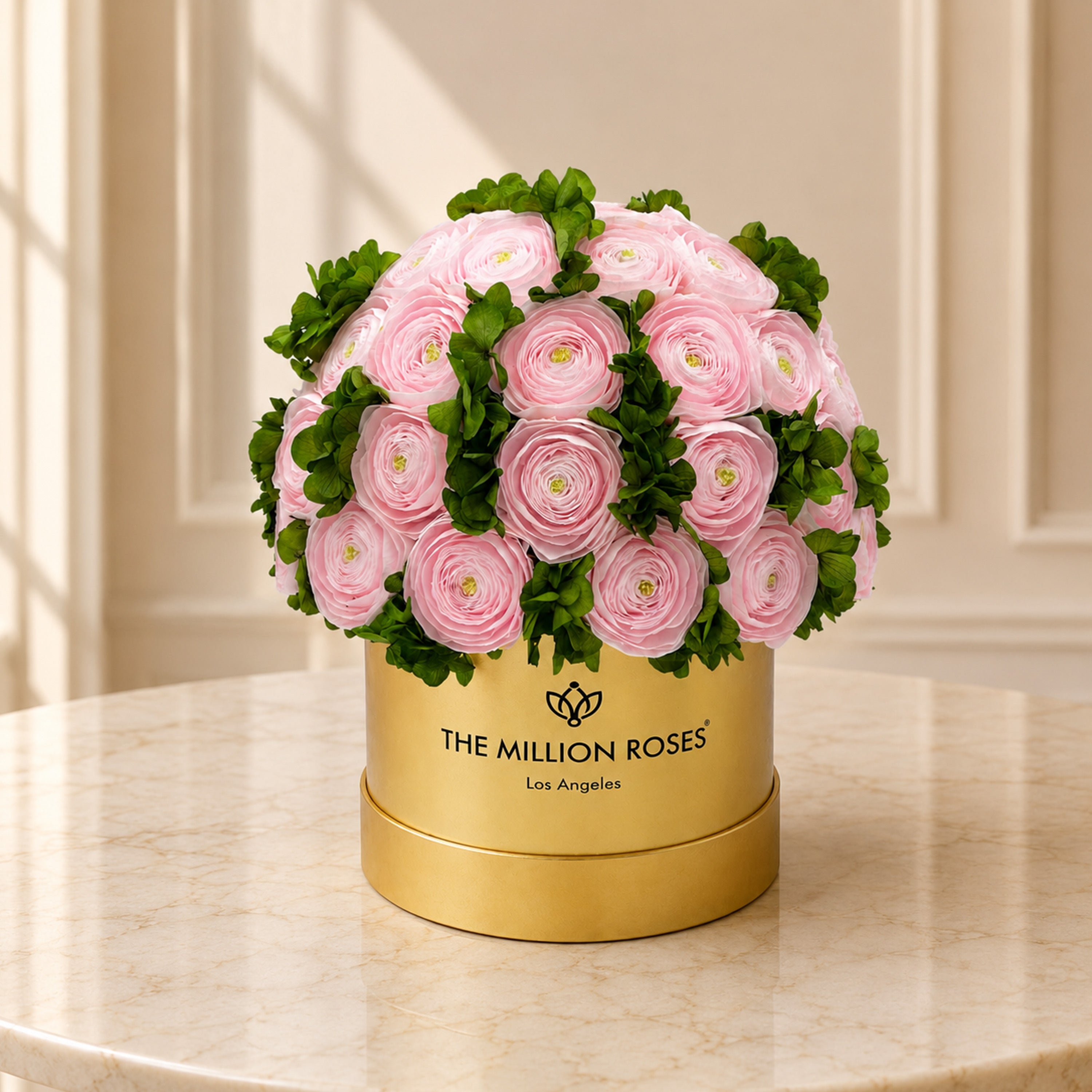 Classic Mirror Gold Box | Light Pink Persian Buttercups & Green Hydrangeas