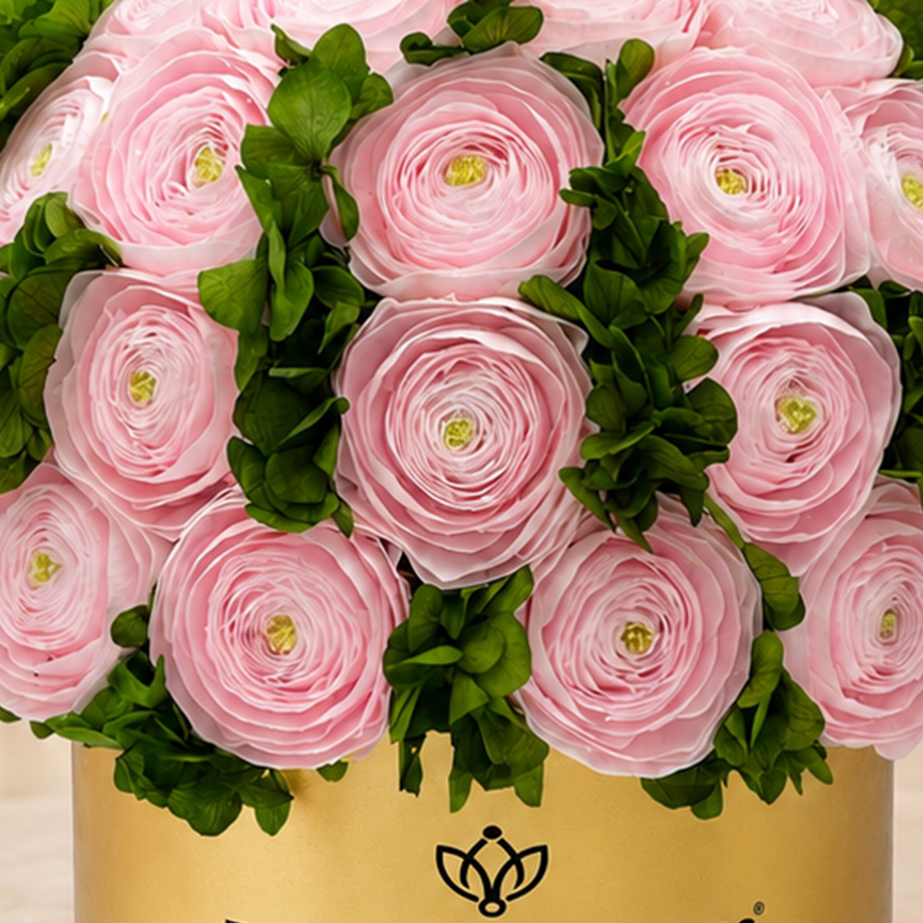 Classic Mirror Gold Box | Light Pink Persian Buttercups & Green Hydrangeas