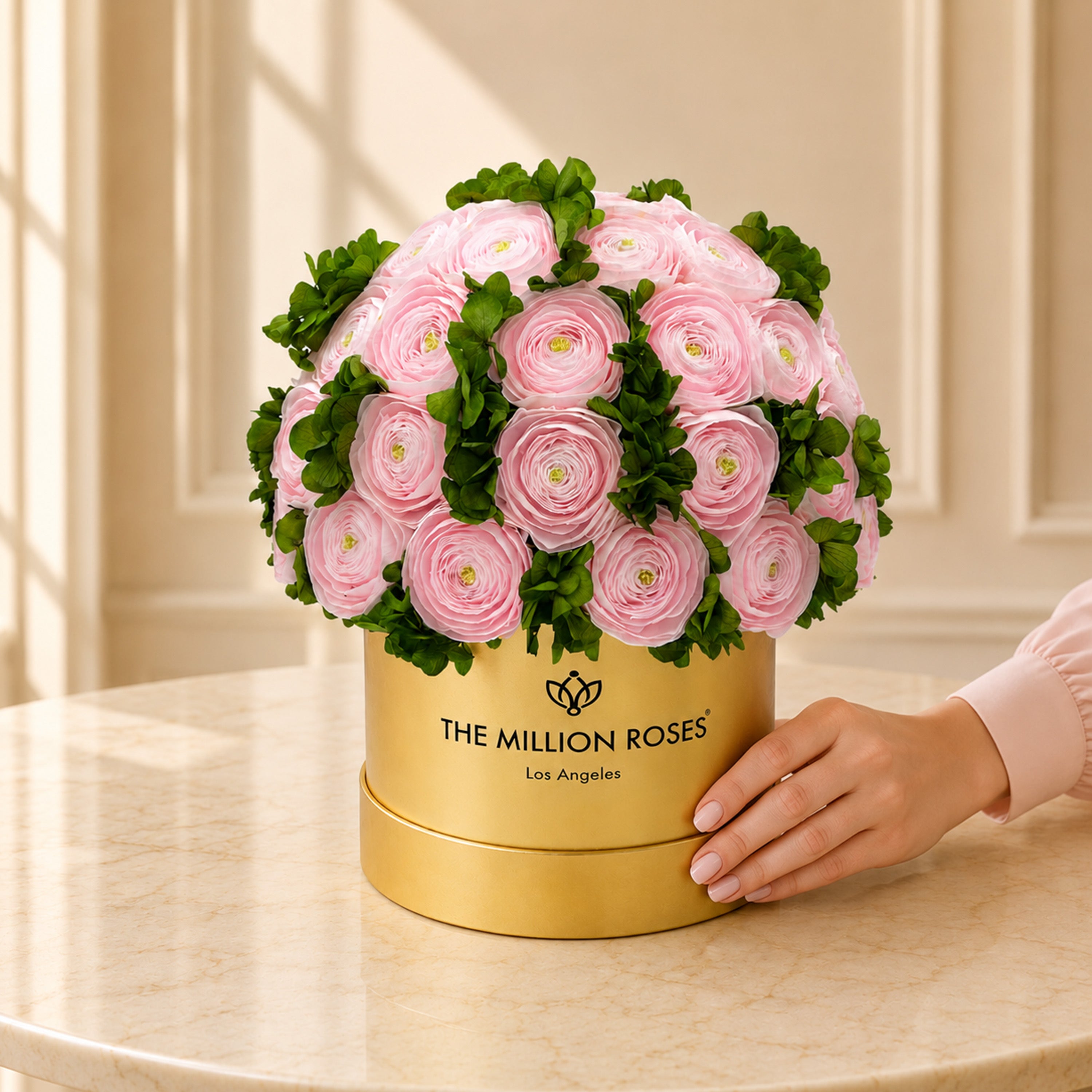 Classic Mirror Gold Box | Light Pink Persian Buttercups & Green Hydrangeas