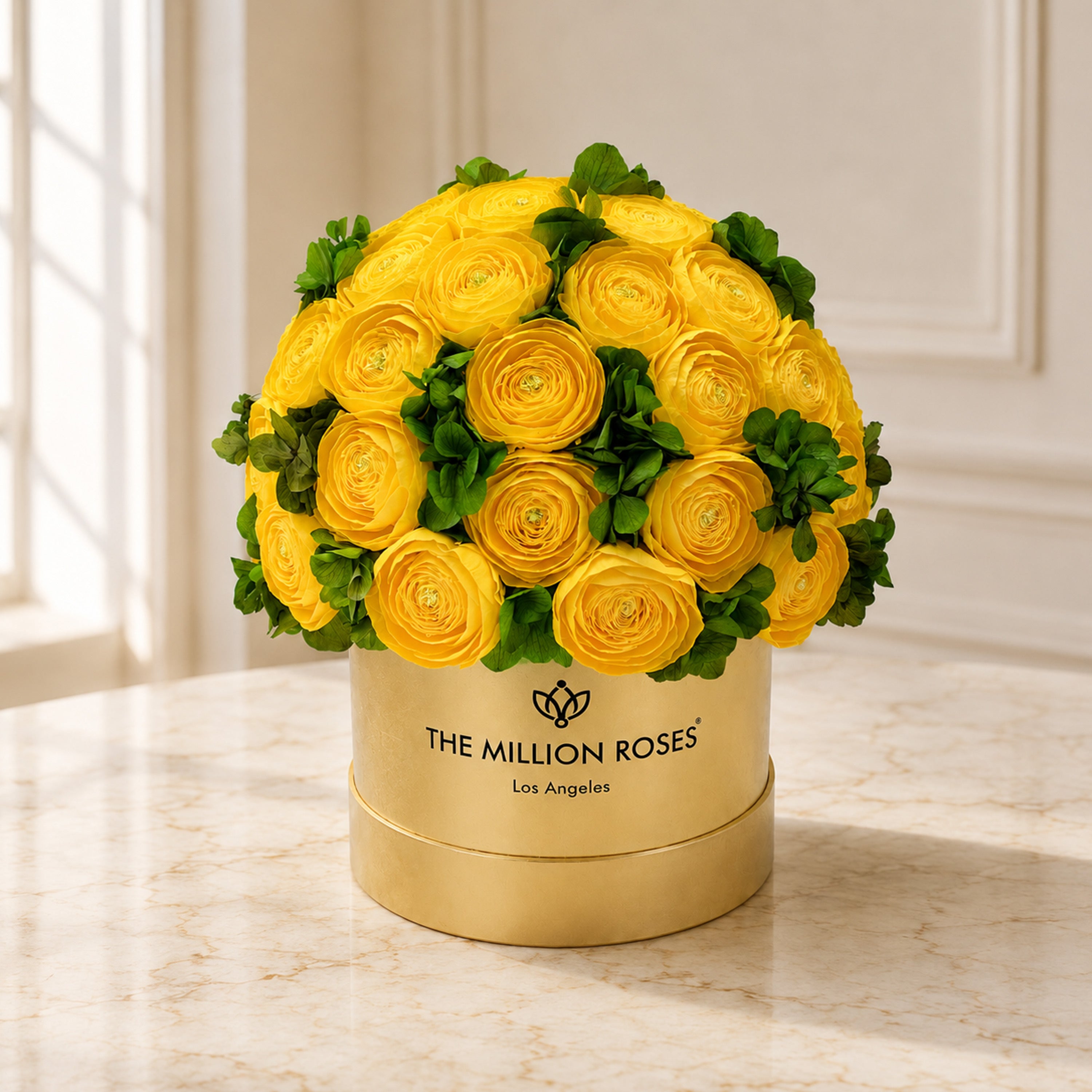 Classic Mirror Gold Box | Yellow Persian Buttercups & Green Hydrangeas