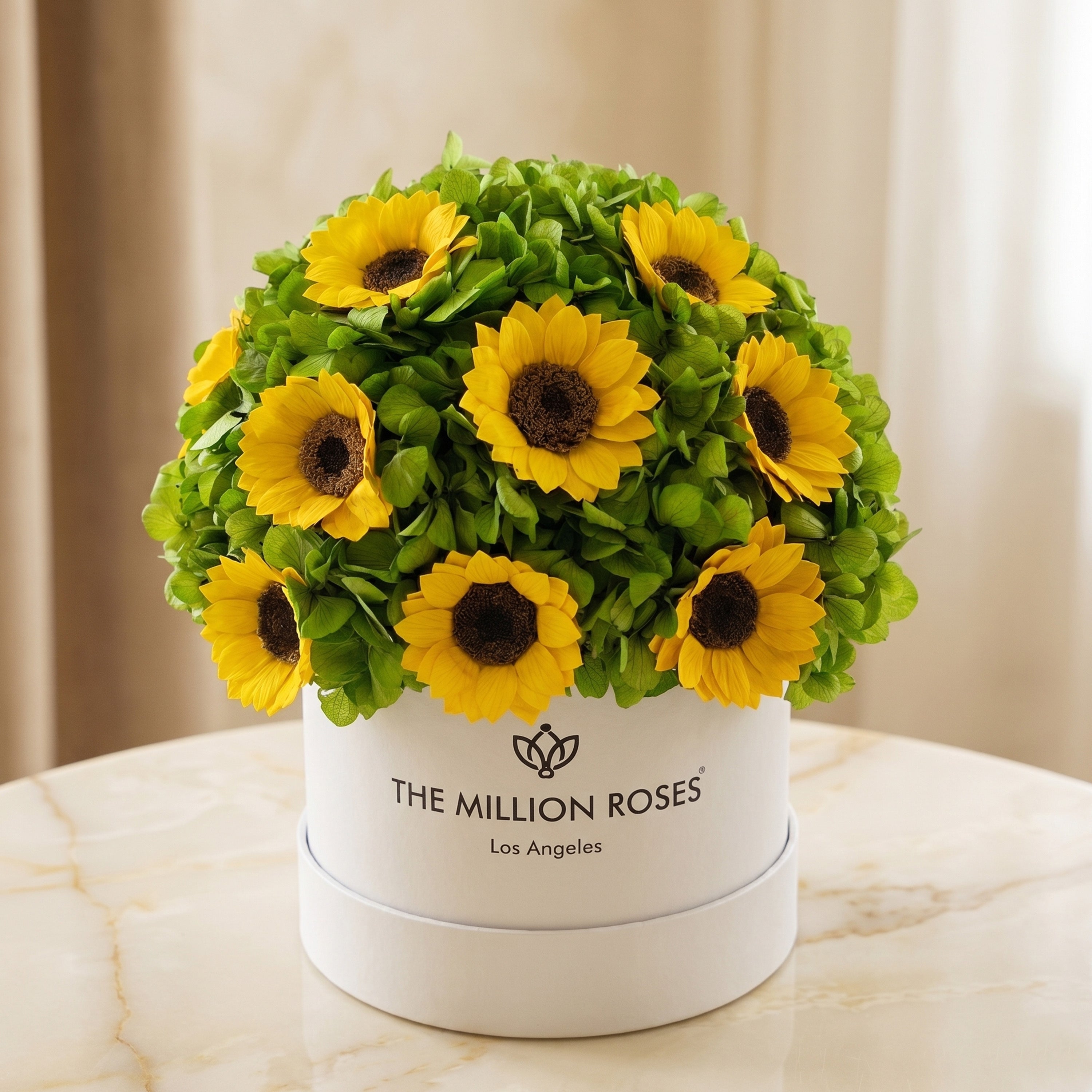 Classic White Box | Green Hydrangeas & Sunflowers