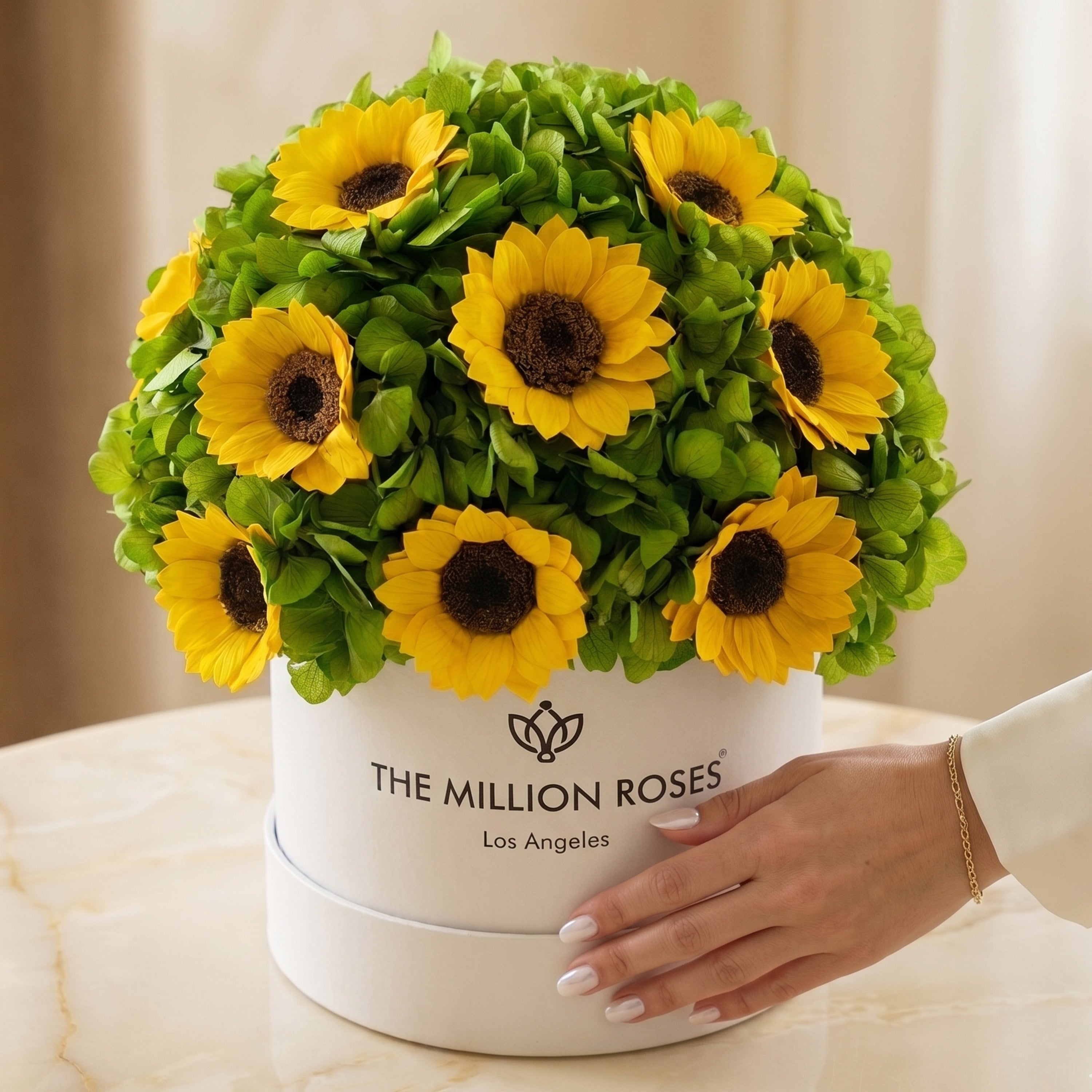 Classic White Box | Green Hydrangeas & Sunflowers