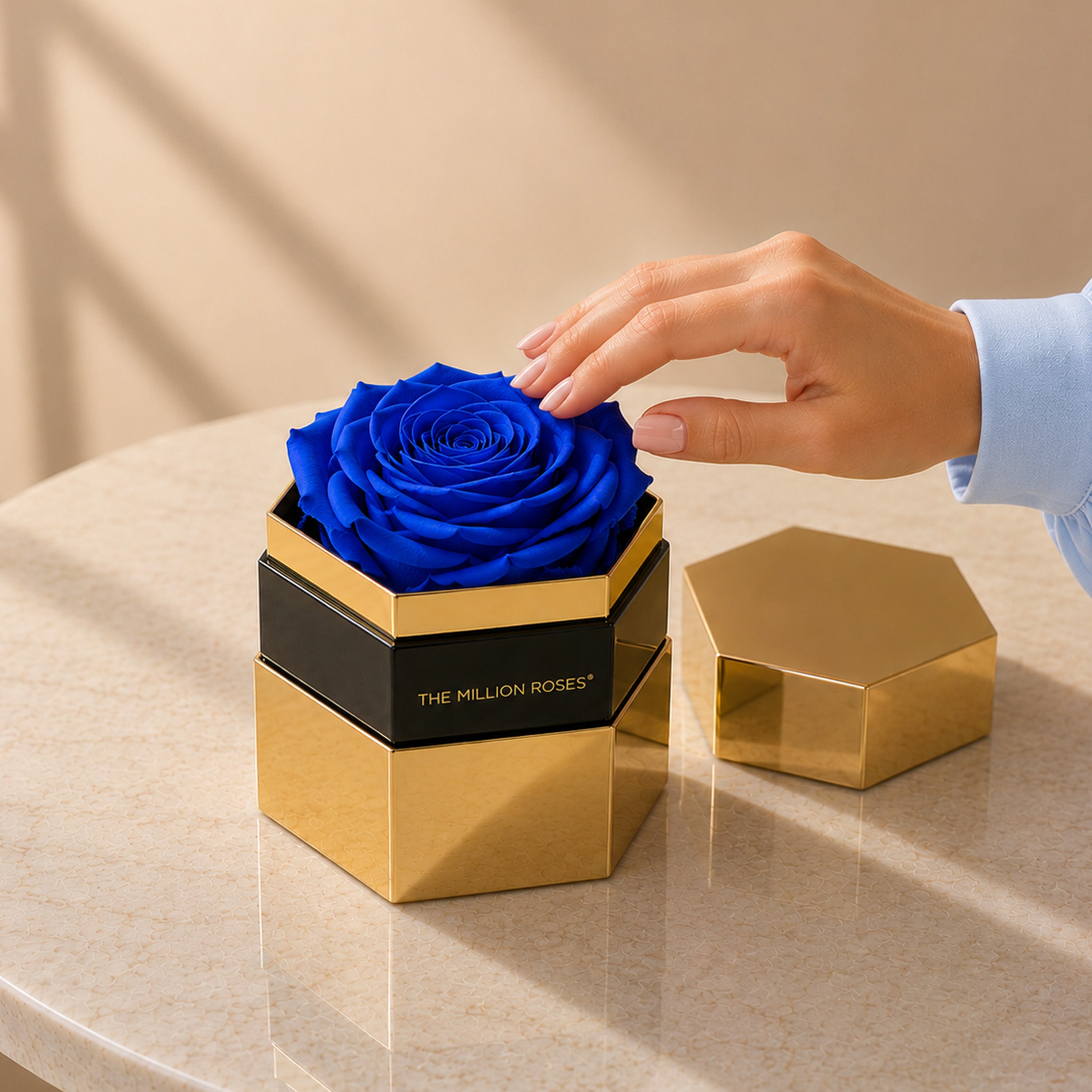 One in a Million™ Mirror Gold Hexagon Box | Royal Blue Rose
