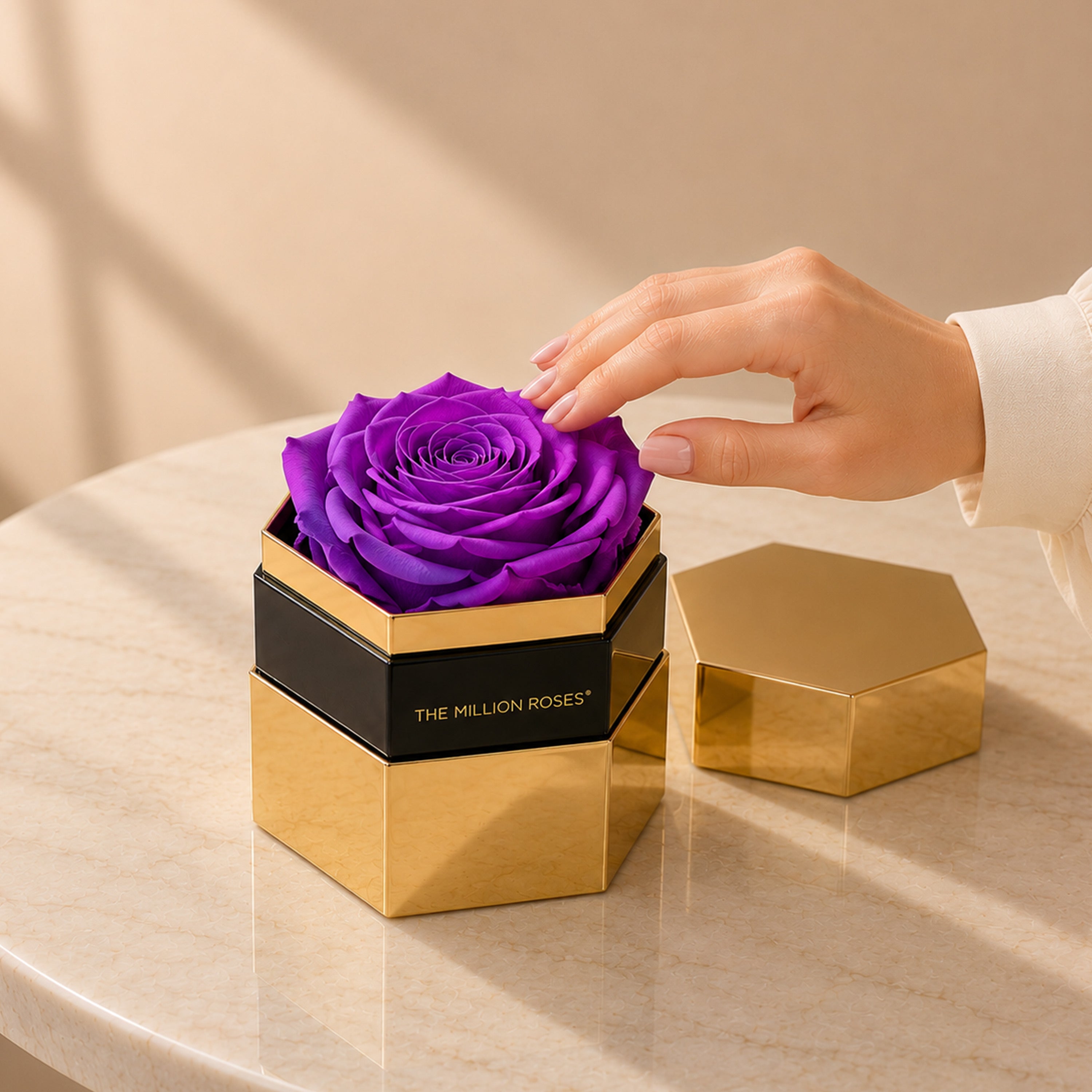 One in a Million™ Mirror Gold Hexagon Box | Bright Purple Rose