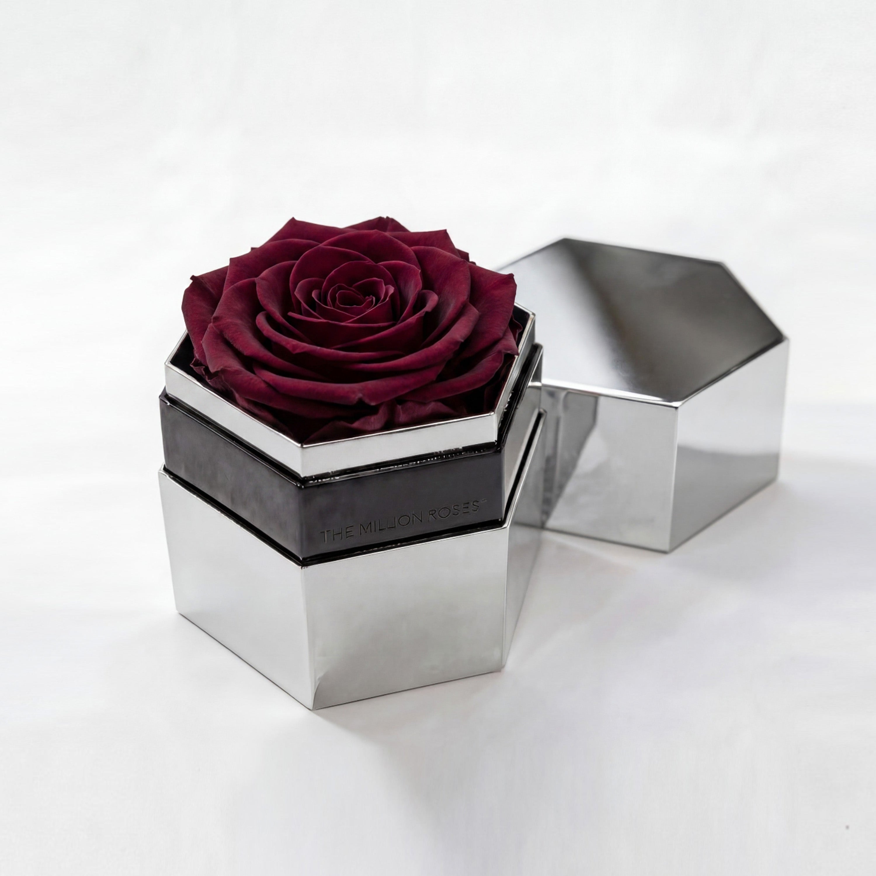 One in a Million™ Mirror Silver Hexagon Box | Burgundy Rose