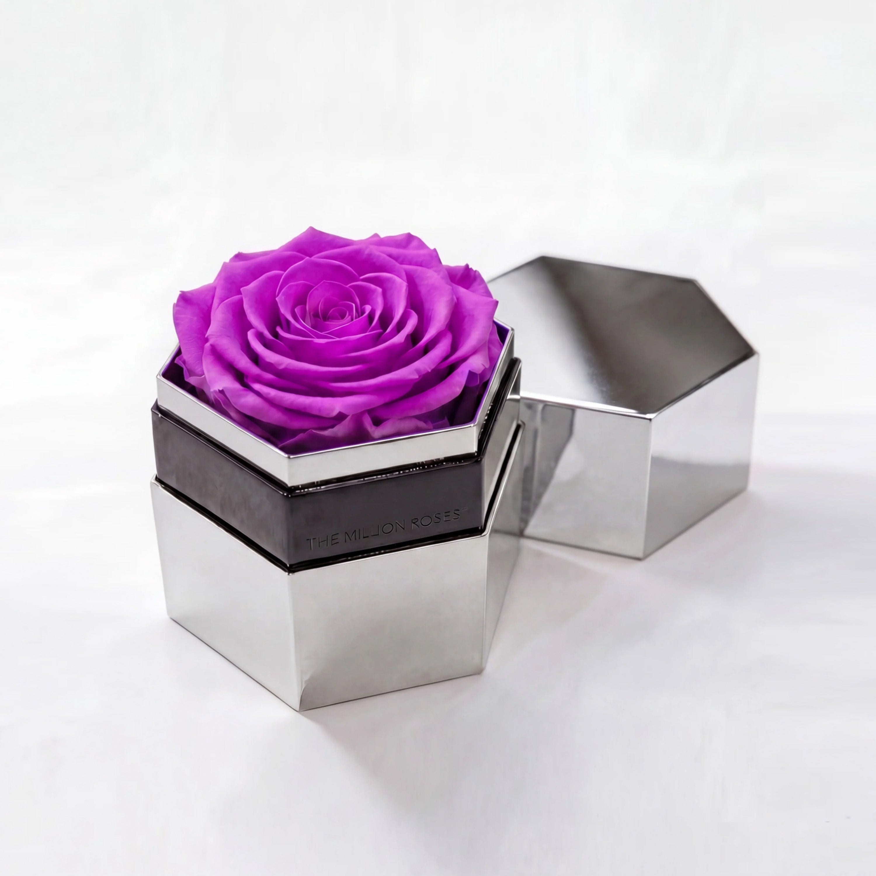One in a Million™ Mirror Silver Hexagon Box | Bright Purple Rose