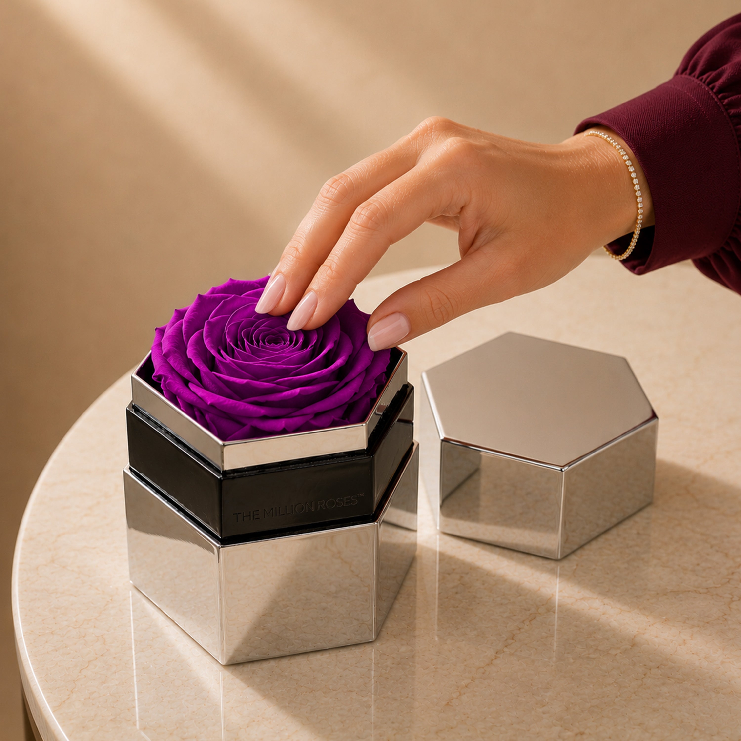 One in a Million™ Mirror Silver Hexagon Box | Bright Purple Rose