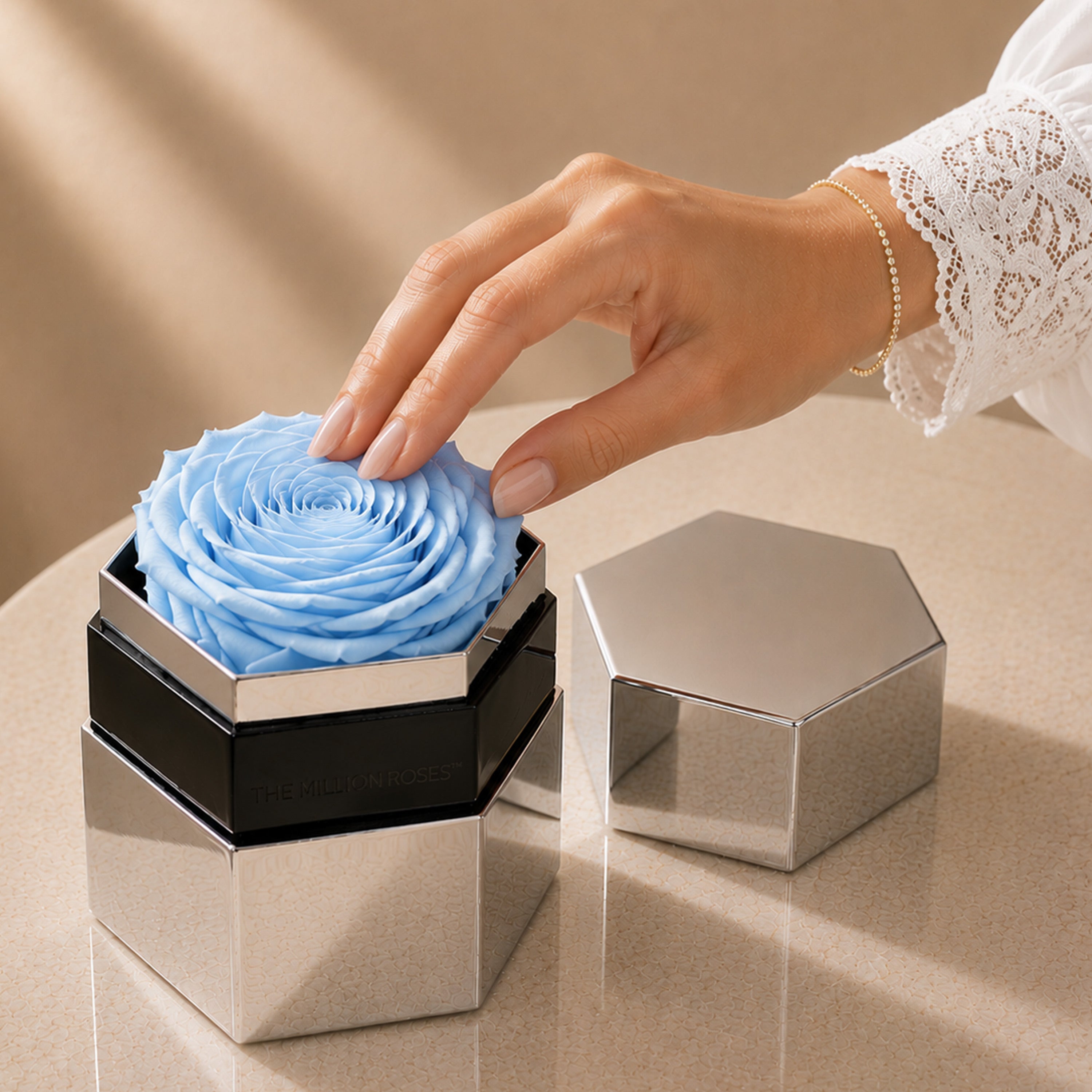 One in a Million™ Mirror Silver Hexagon Box | Light Blue Rose