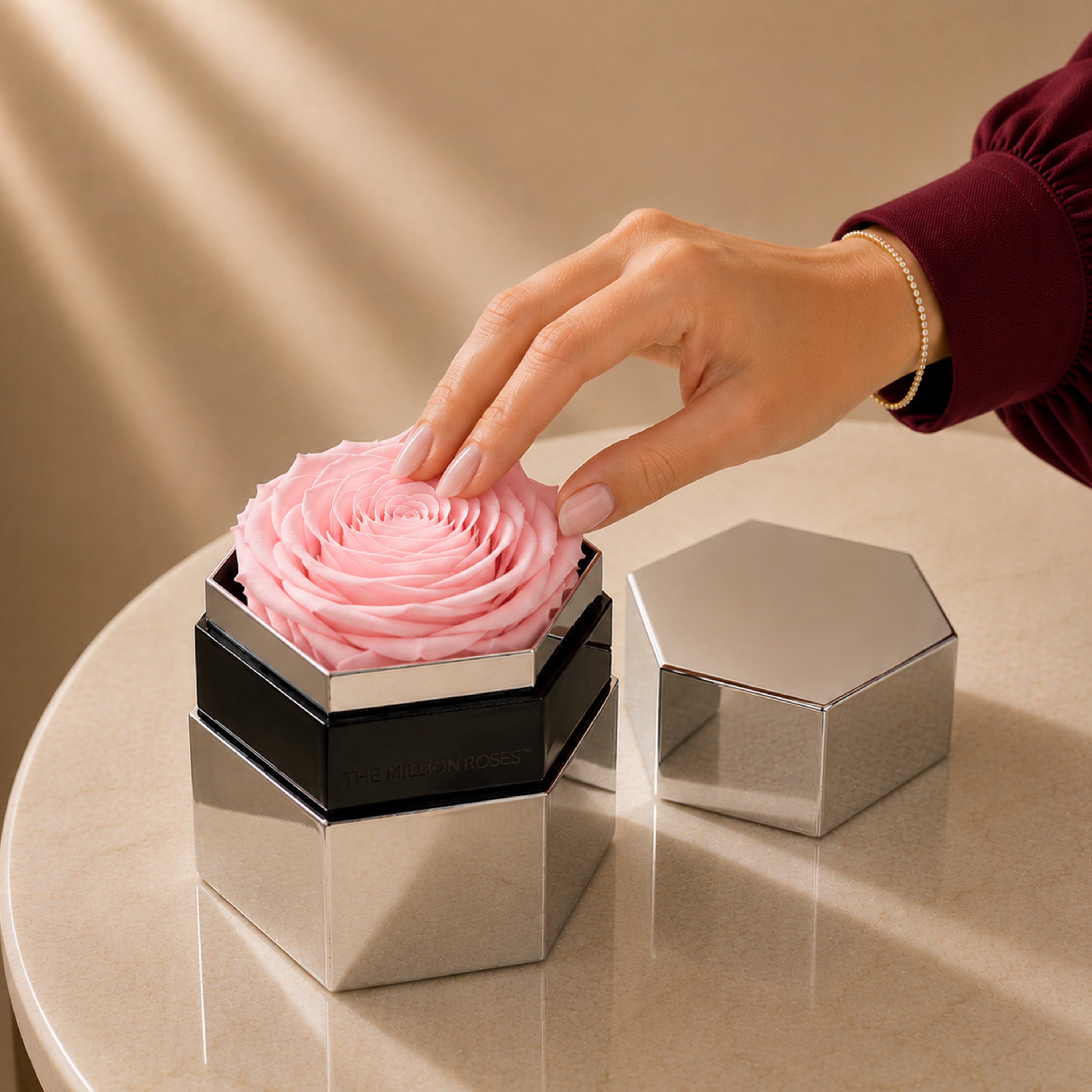 One in a Million™ Mirror Silver Hexagon Box | Light Pink Rose