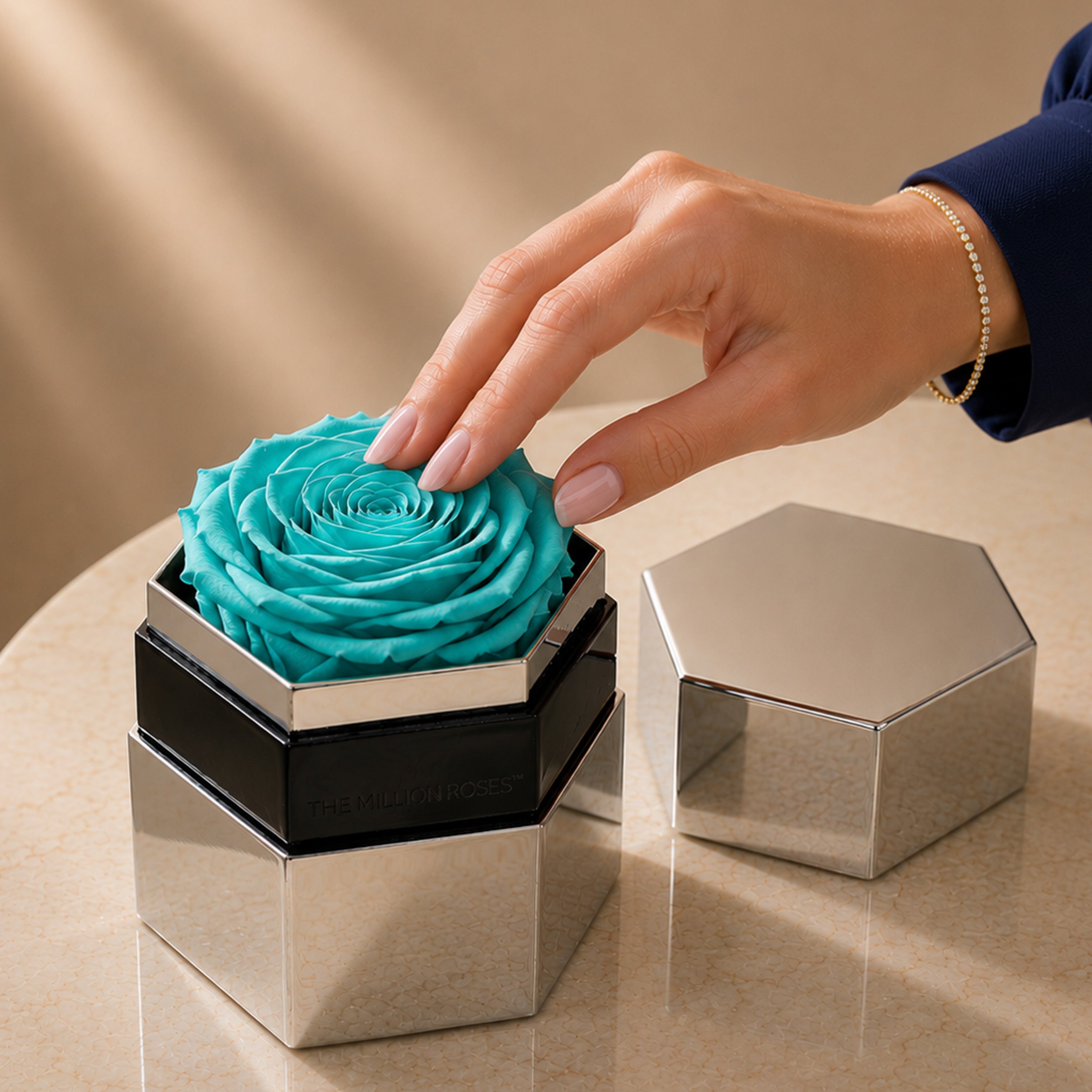 One in a Million™ Mirror Silver Hexagon Box | Turquoise Rose