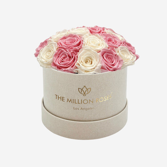 Classic Beige Suede Dome Box | Light Pink & White Roses