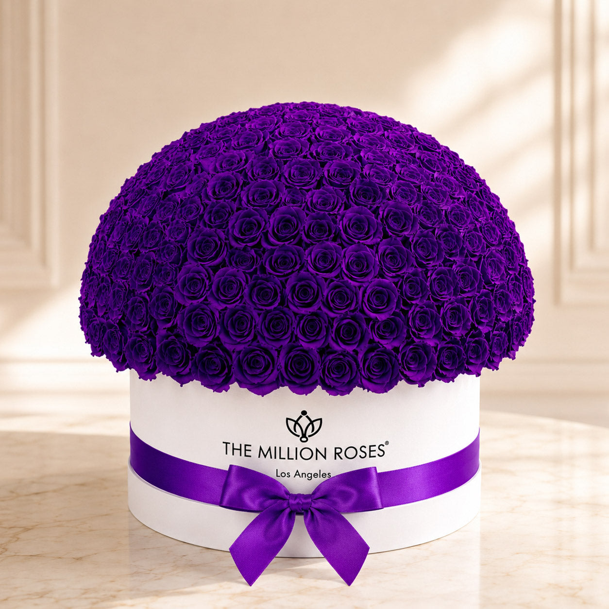 Deluxe White Dome Box | Bright Purple Roses