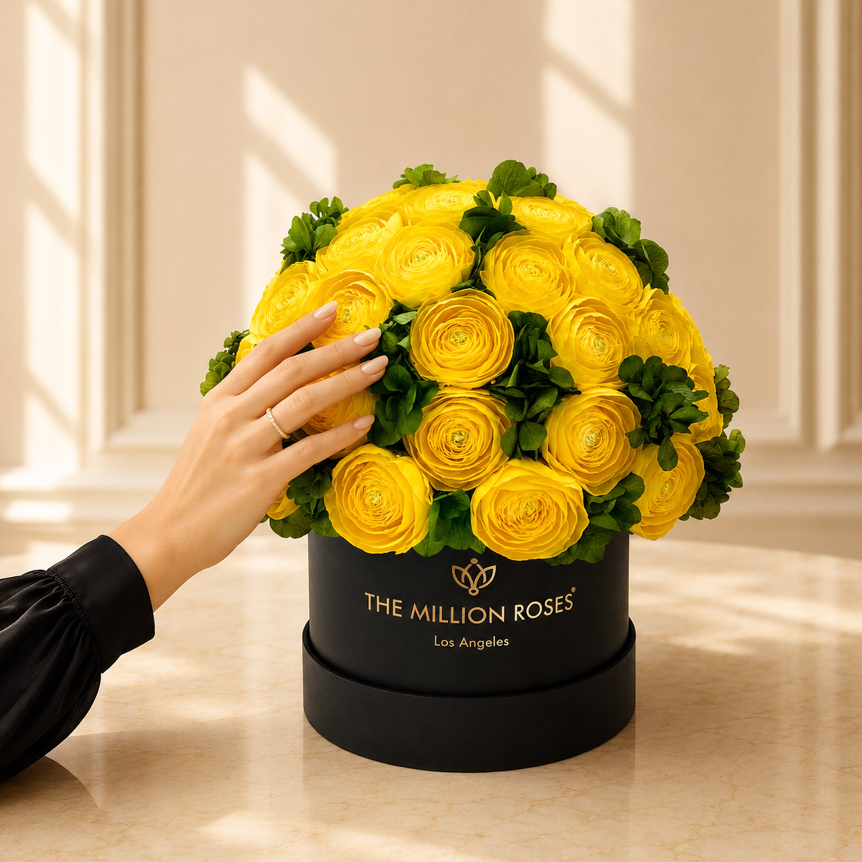 Classic Black Box | Yellow Persian Buttercups & Green Hydrangeas
