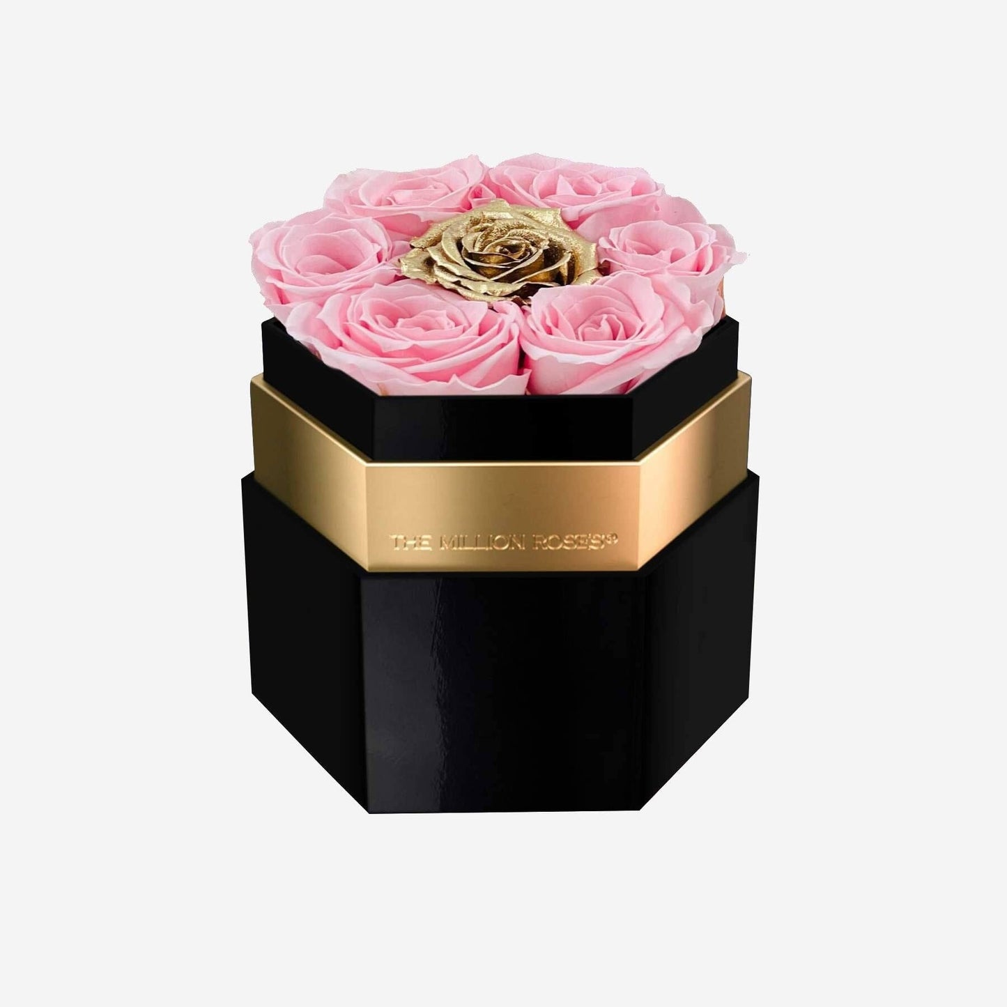 One in a Million™ Black Mirror Hexagon Box | Light Pink & Gold Rose - The Million Roses