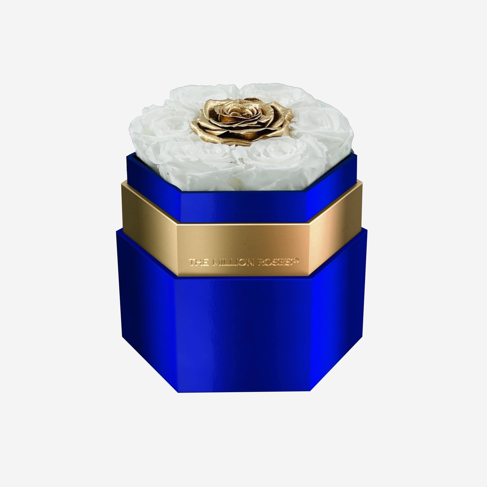 One in a Million™ Mirror Blue Hexagon Box | White & Gold Roses - The Million Roses