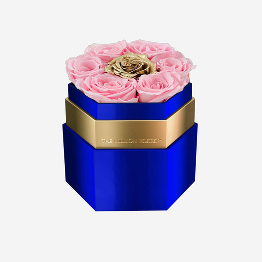 One in a Million™ Mirror Blue Hexagon Box | Light Pink & Gold Roses - The Million Roses