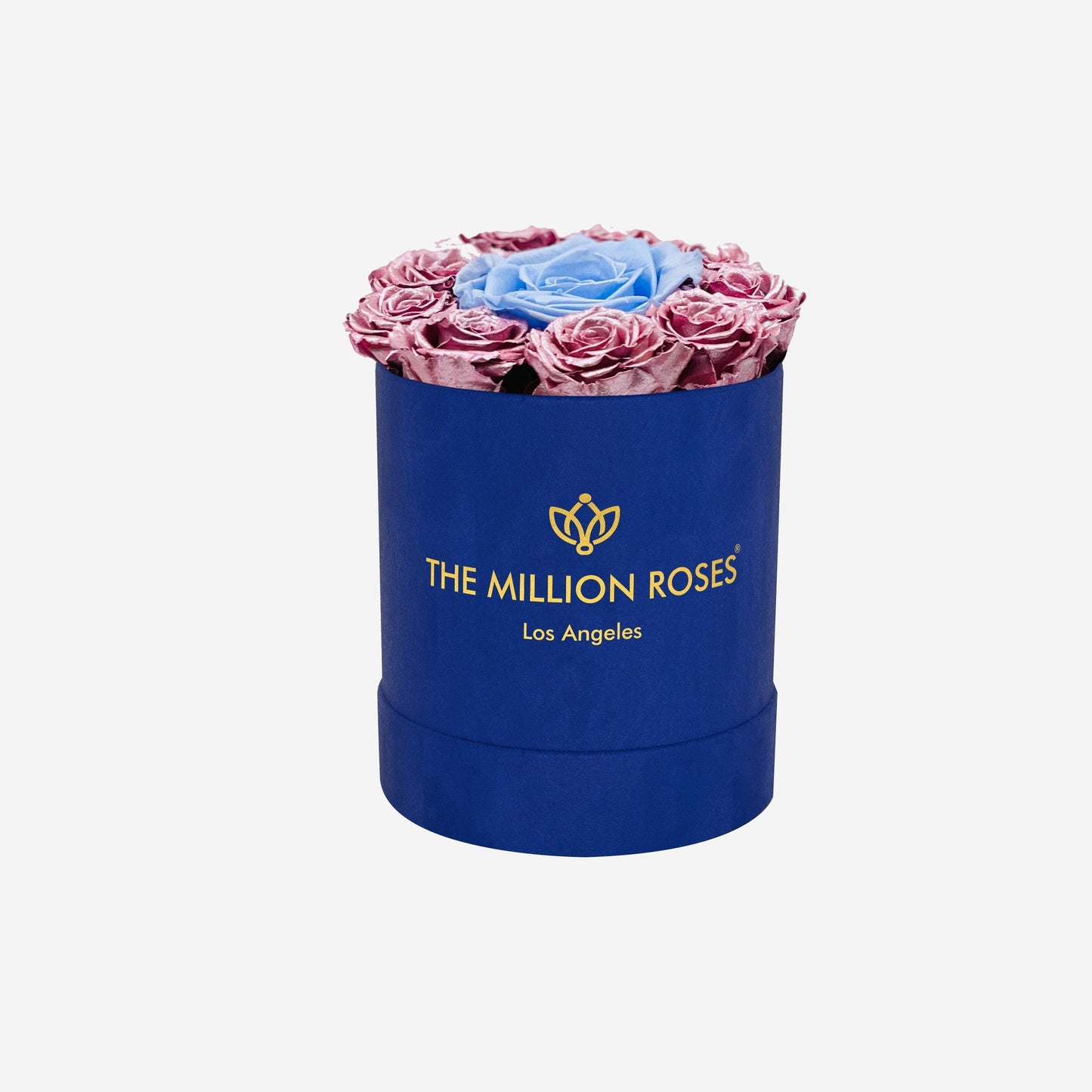 Basic Royal Blue Suede Box | Pink Gold & Light Blue Mini Roses - The Million Roses